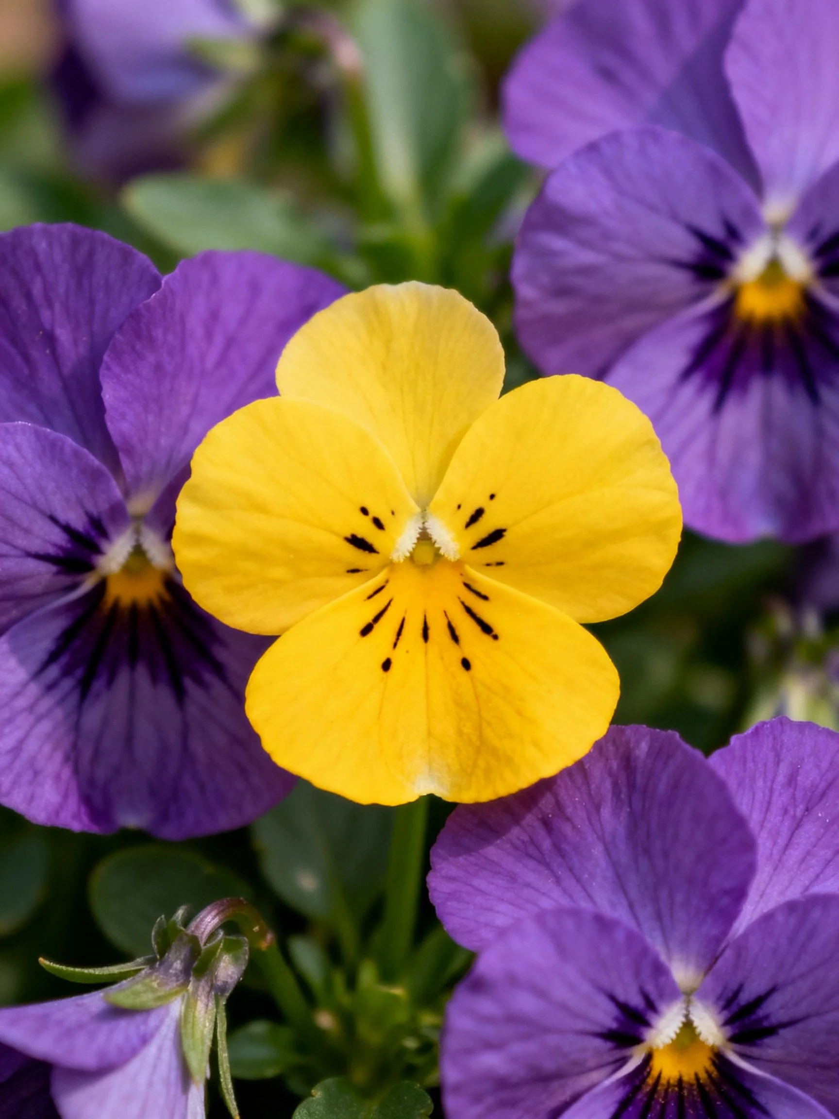 Bright yellow pansy centered among purple pansies with green foliage