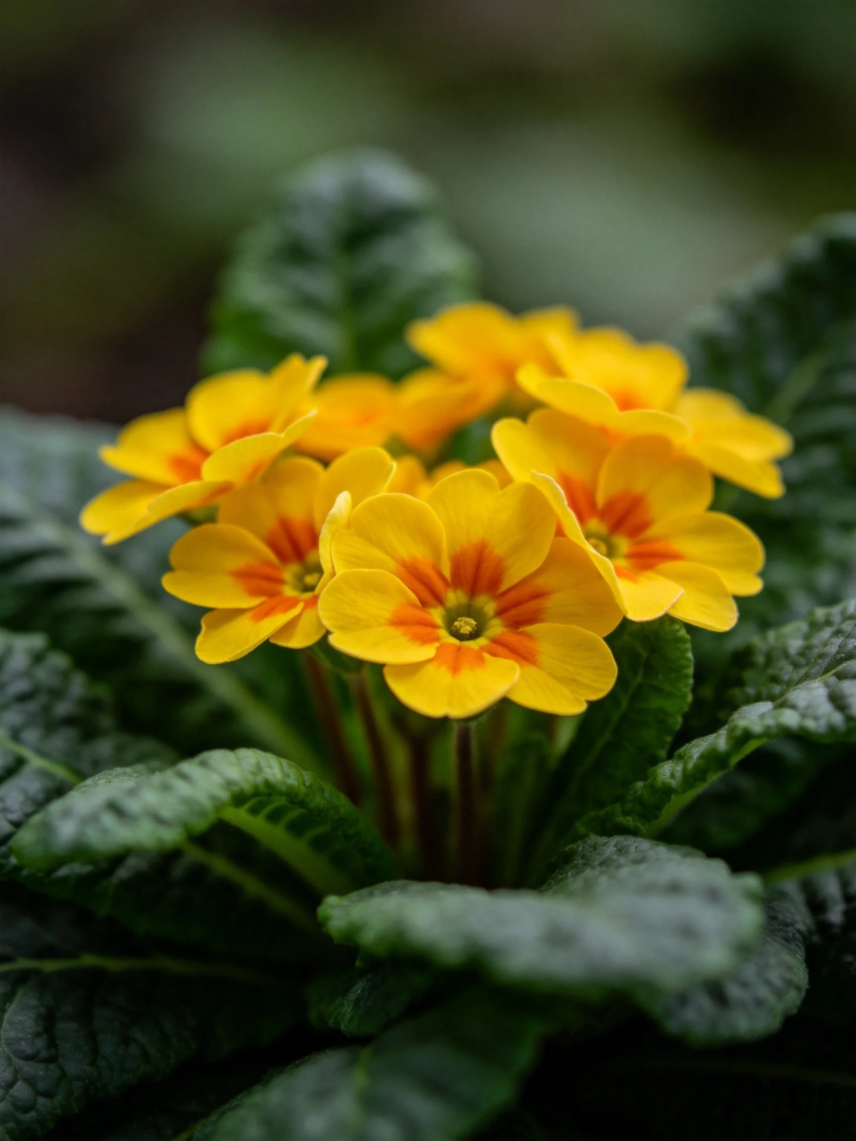 Bright yellow primroses with orange centers among dark green leaves