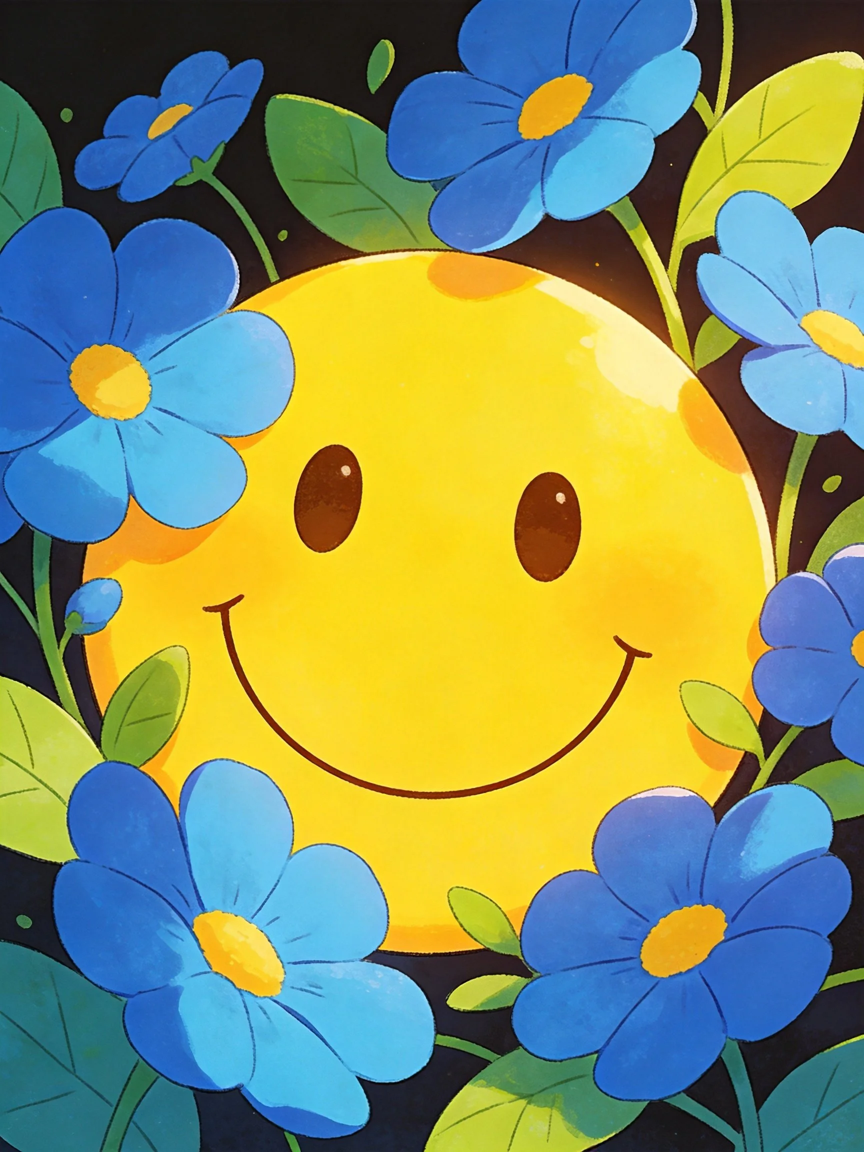 Bright yellow smiley face surrounded by vibrant blue flowers and green leaves