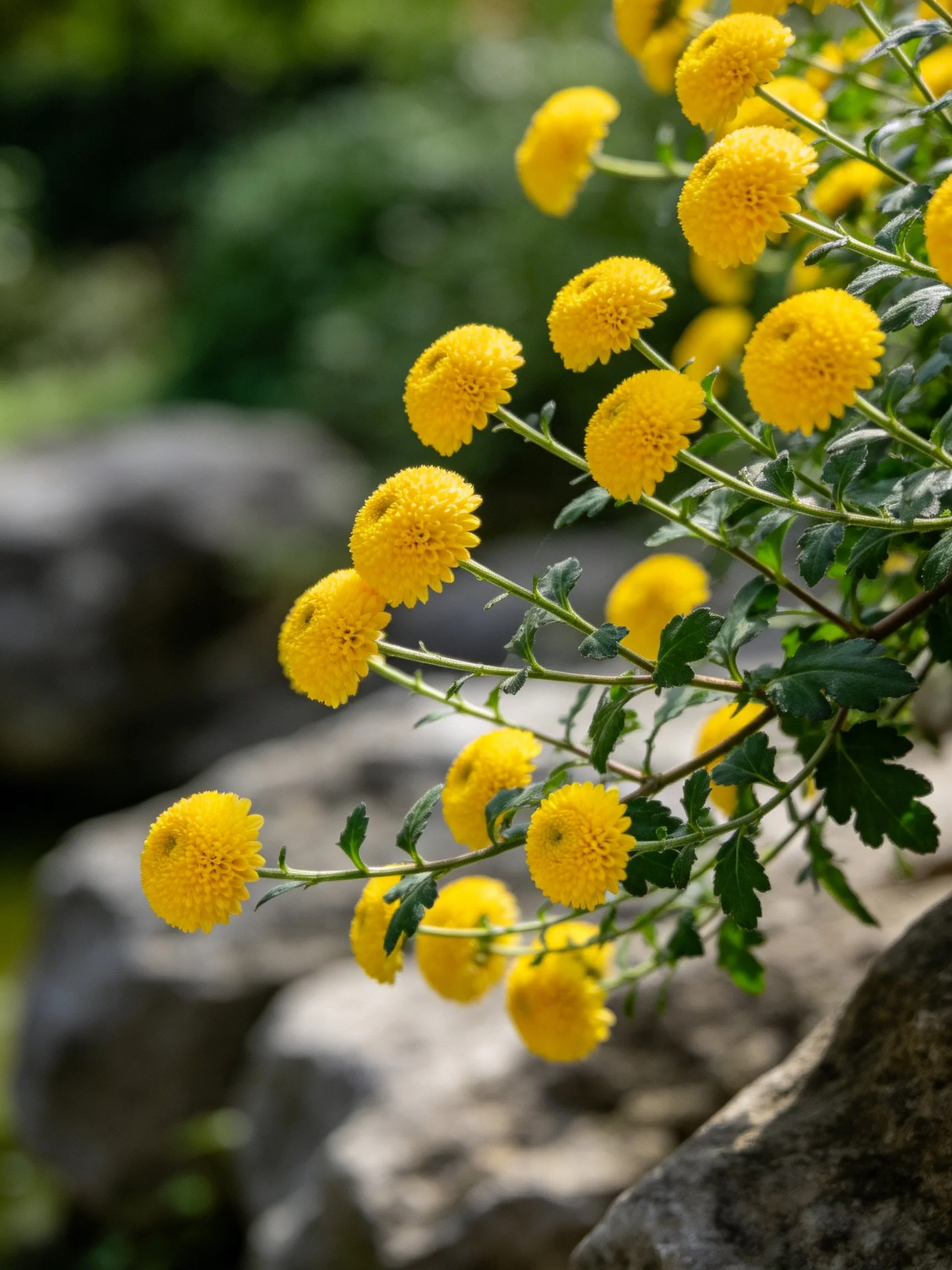 Bright yellow spherical flowers cluster among rocky formations