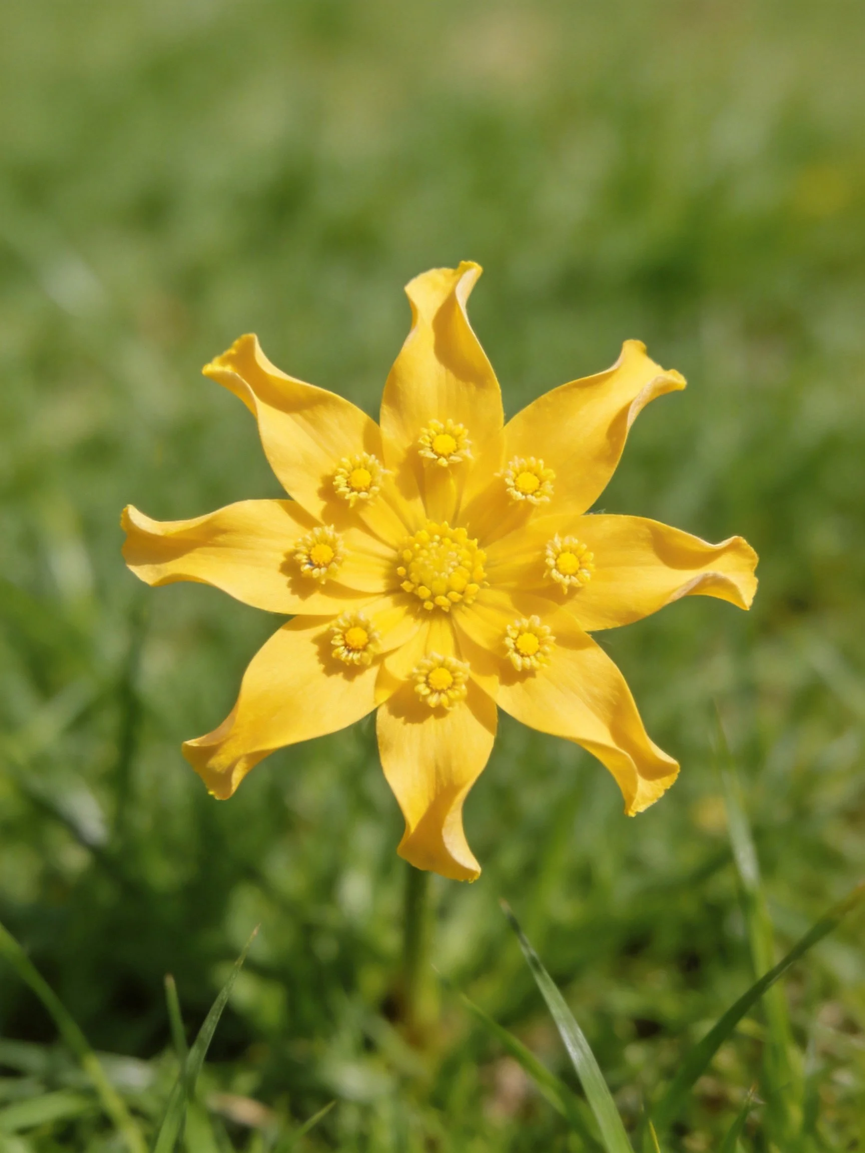 Bright yellow starflower with curved petals on green grass
