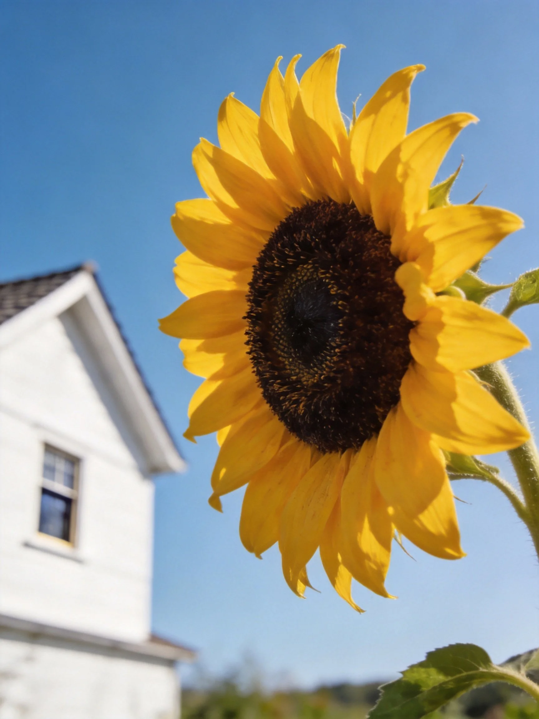 Bright yellow sunflower near white house under clear blue sky
