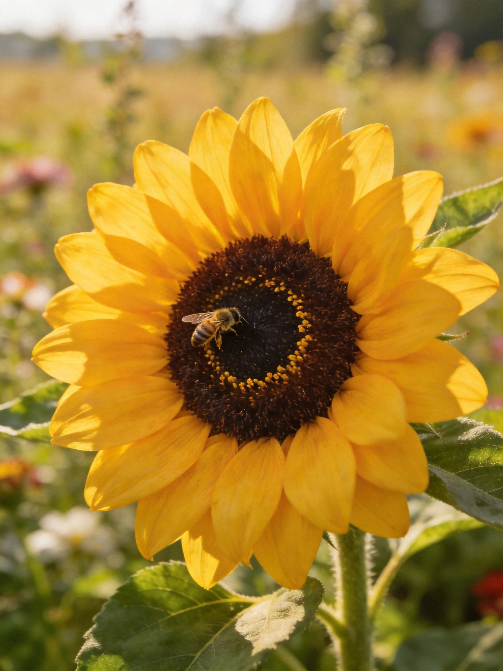 Bright yellow sunflower with a bee on its dark center