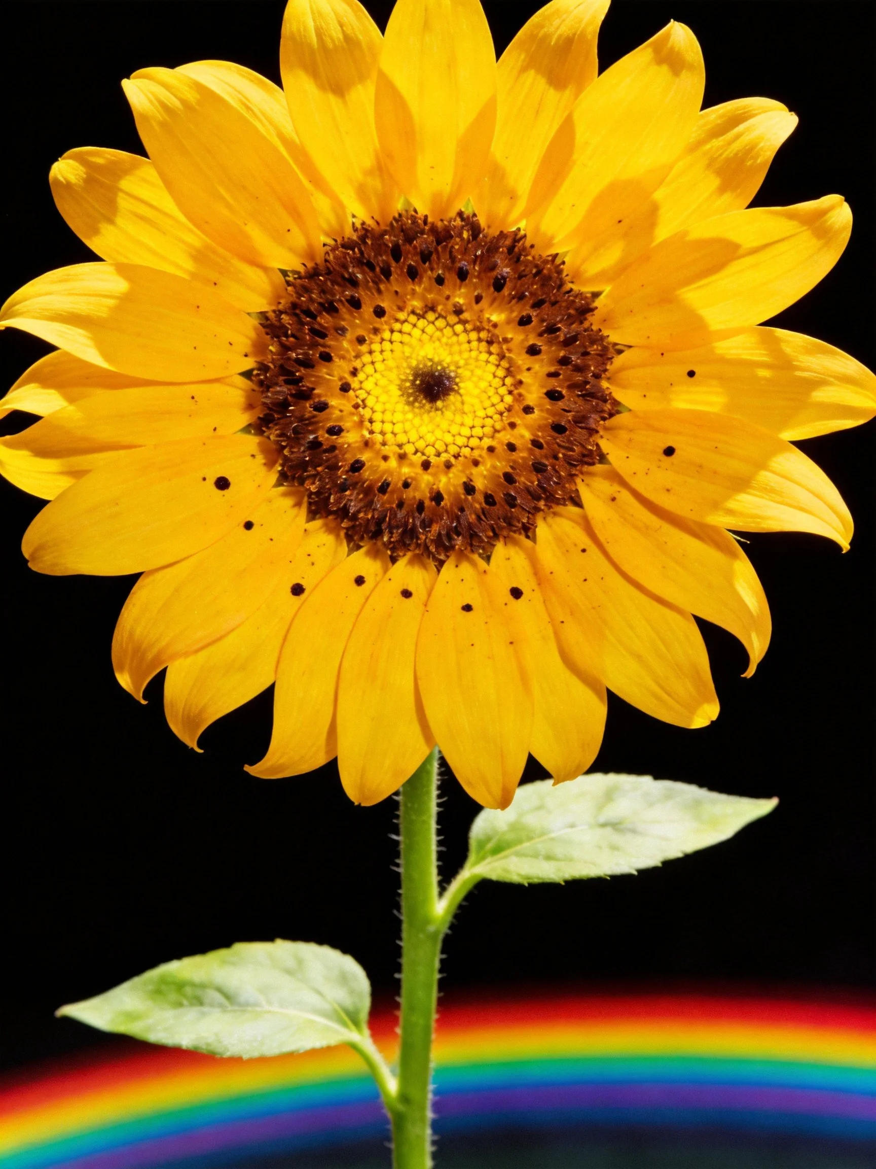 Bright yellow sunflower with brown center, green stem, rainbow backdrop