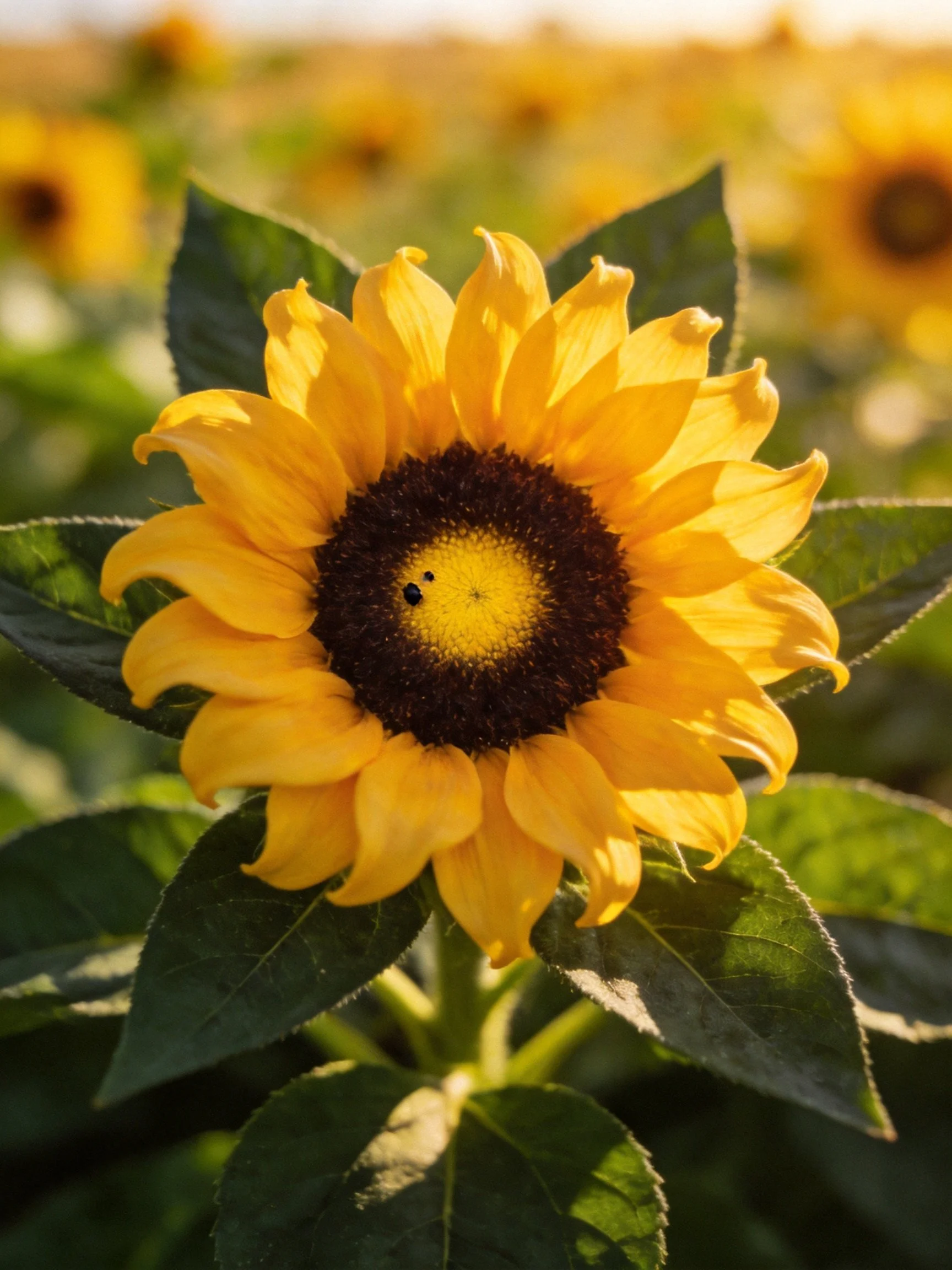 Bright yellow sunflower with dark brown center and green foliage