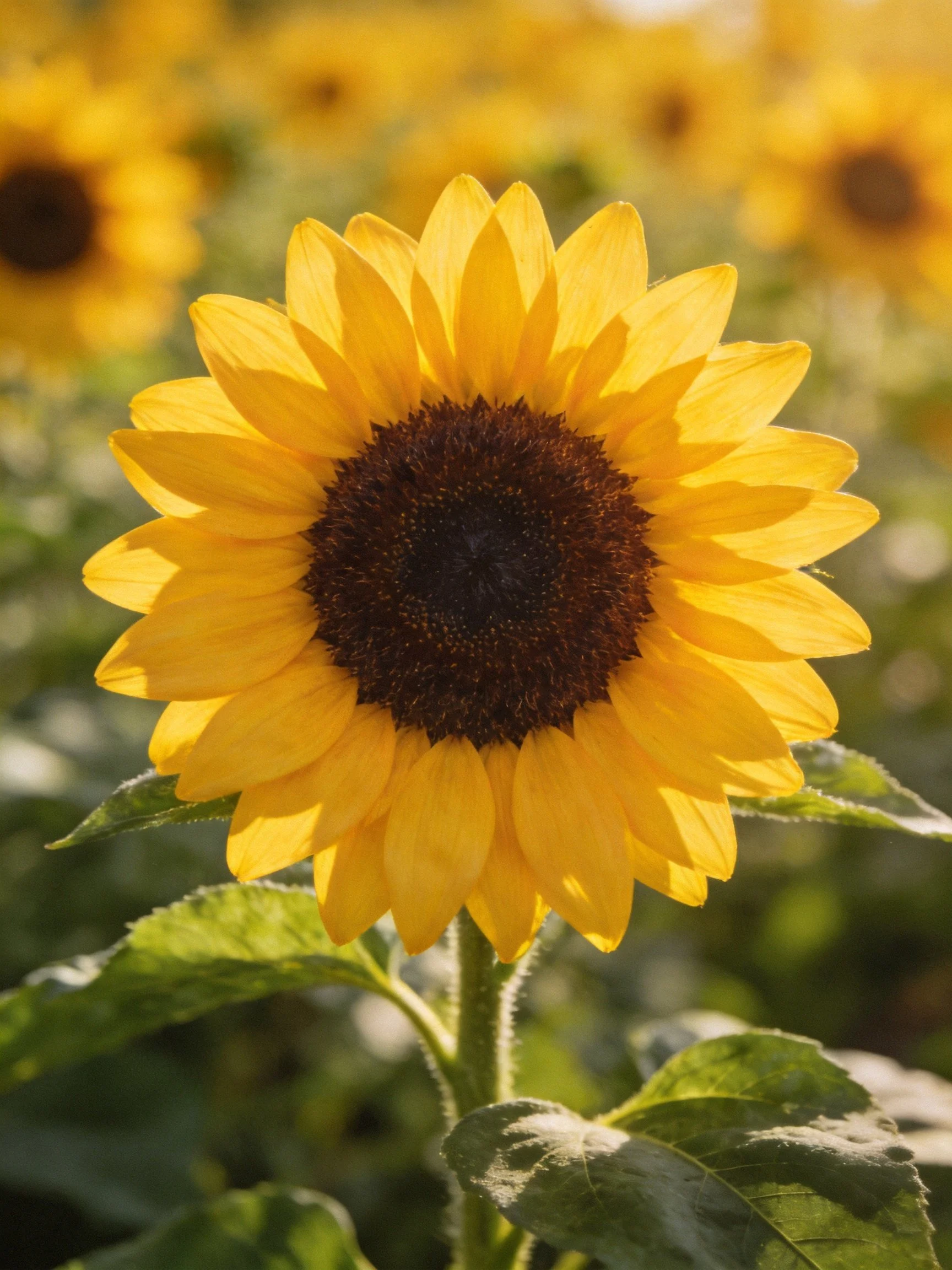 Bright yellow sunflower with dark brown center in sunlit field