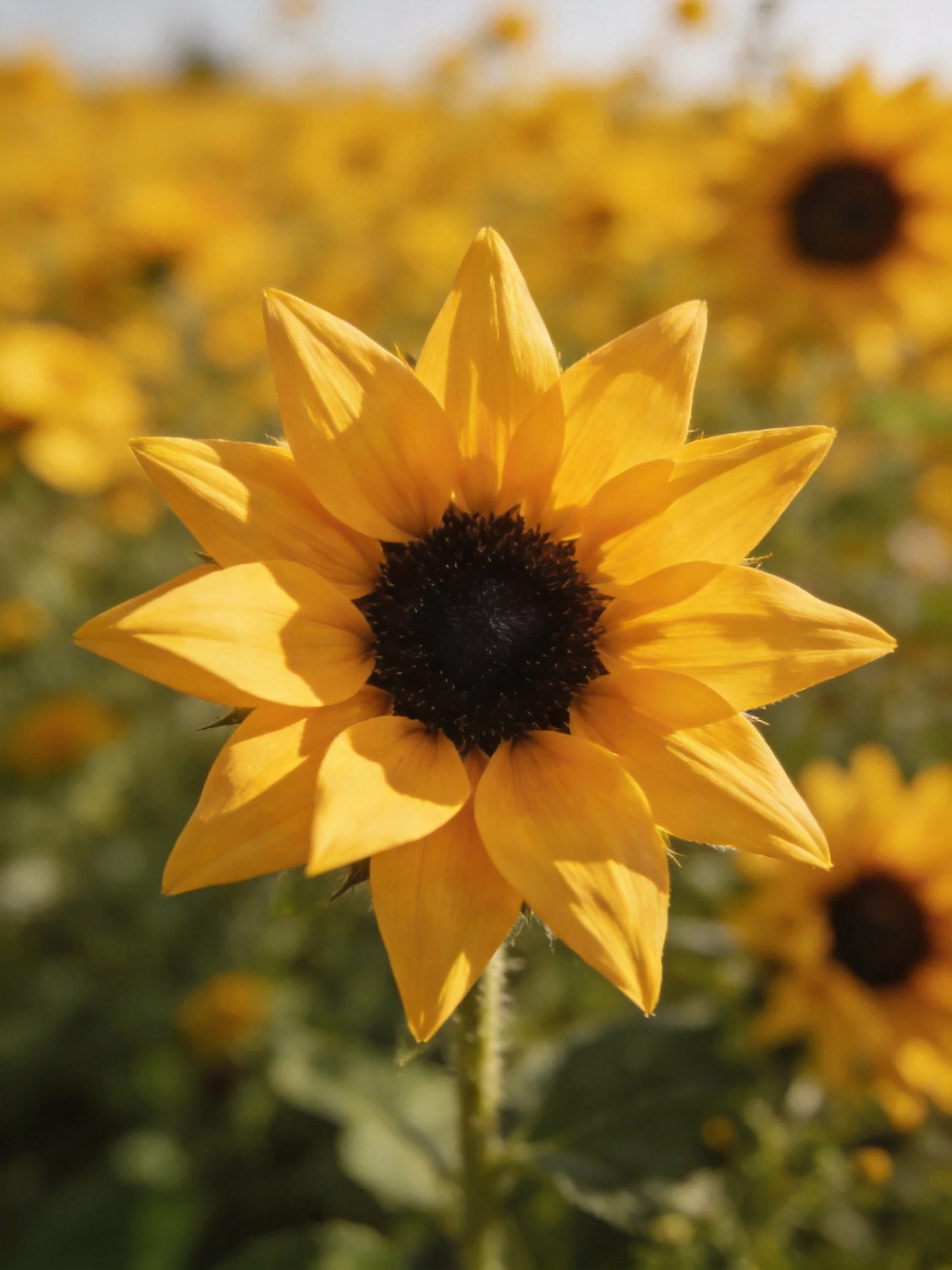 Bright yellow sunflower with dark center in sunlit field