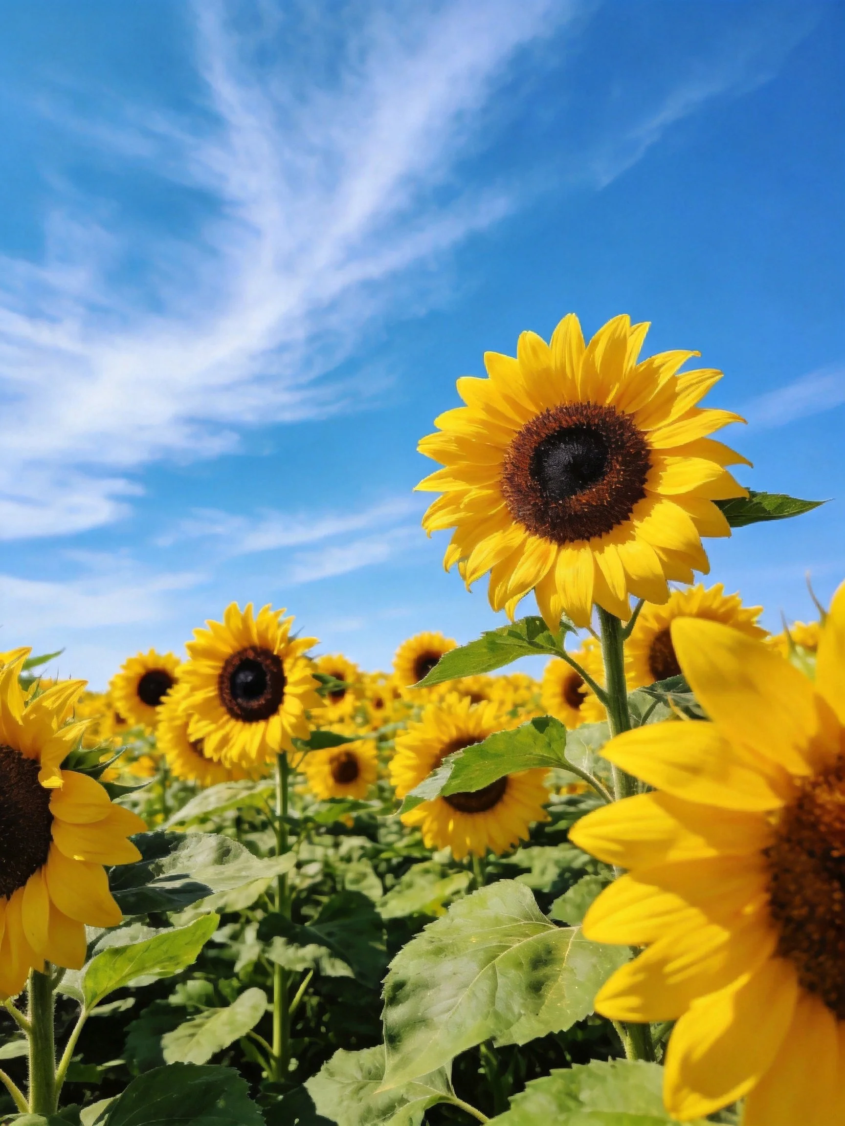 Bright yellow sunflowers bloom in a vast field beneath a clear blue sky.