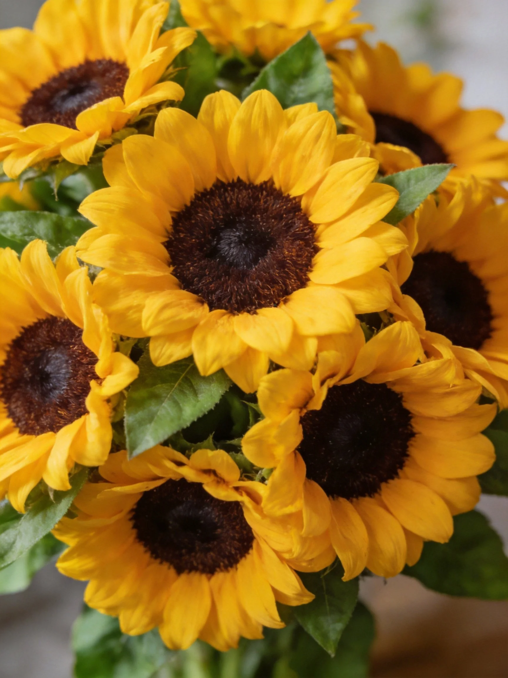 Bright yellow sunflowers cluster with dark centers and green leaves