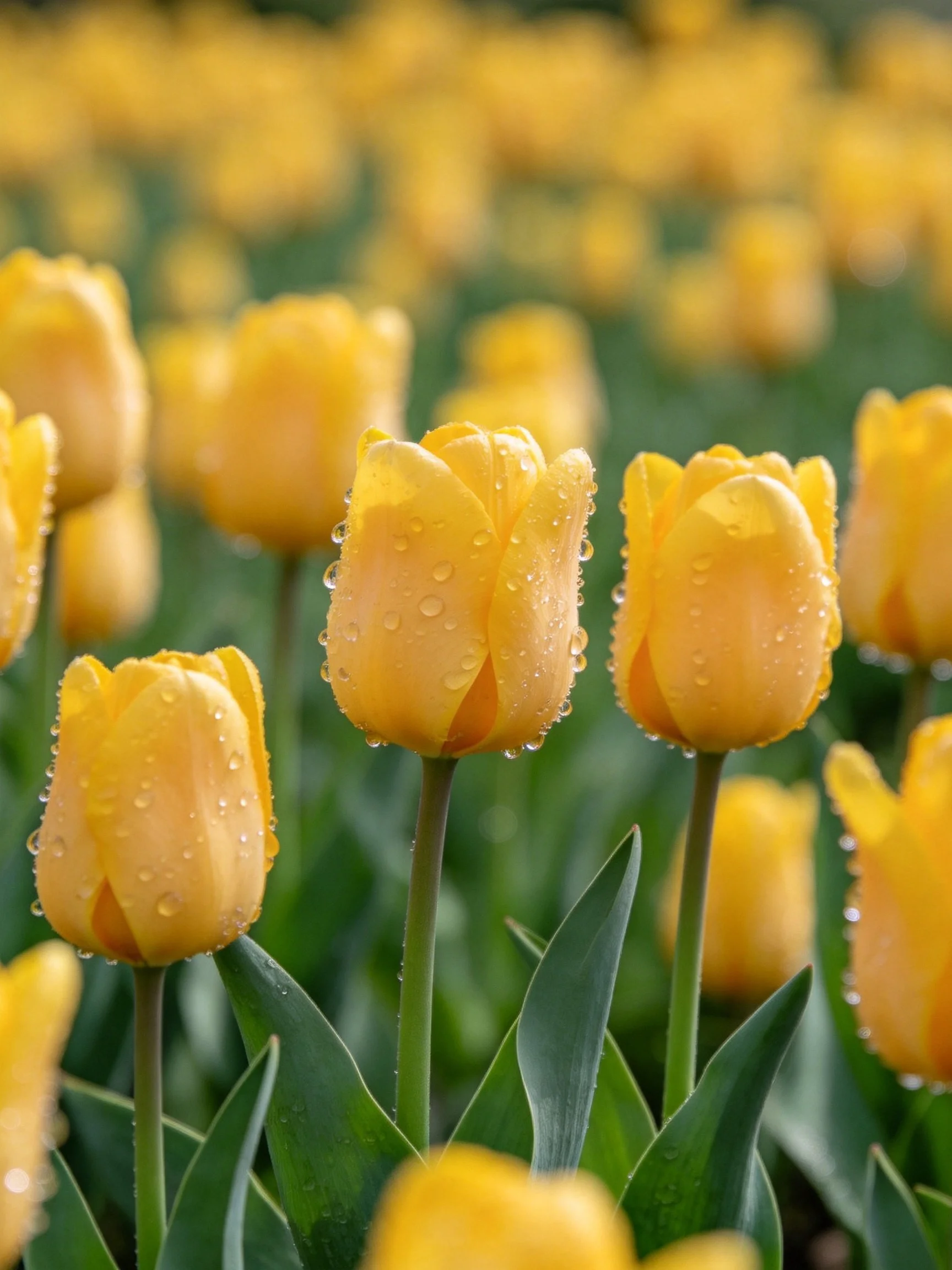Bright yellow tulip blooms with dew drops and green leaves