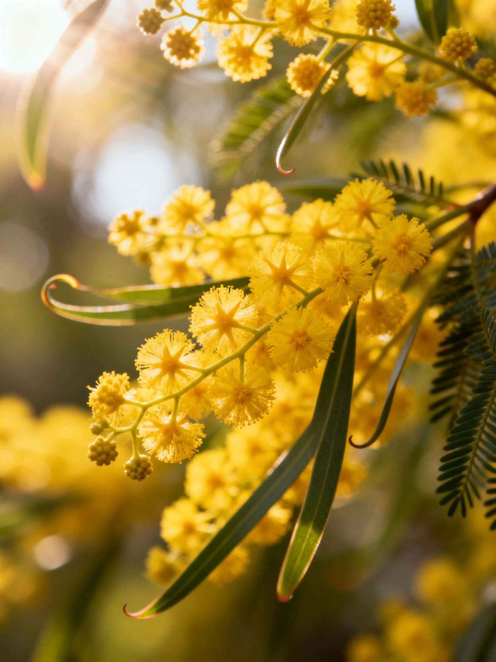 Bright yellow wattle flowers with slender green leaves under warm sunlight