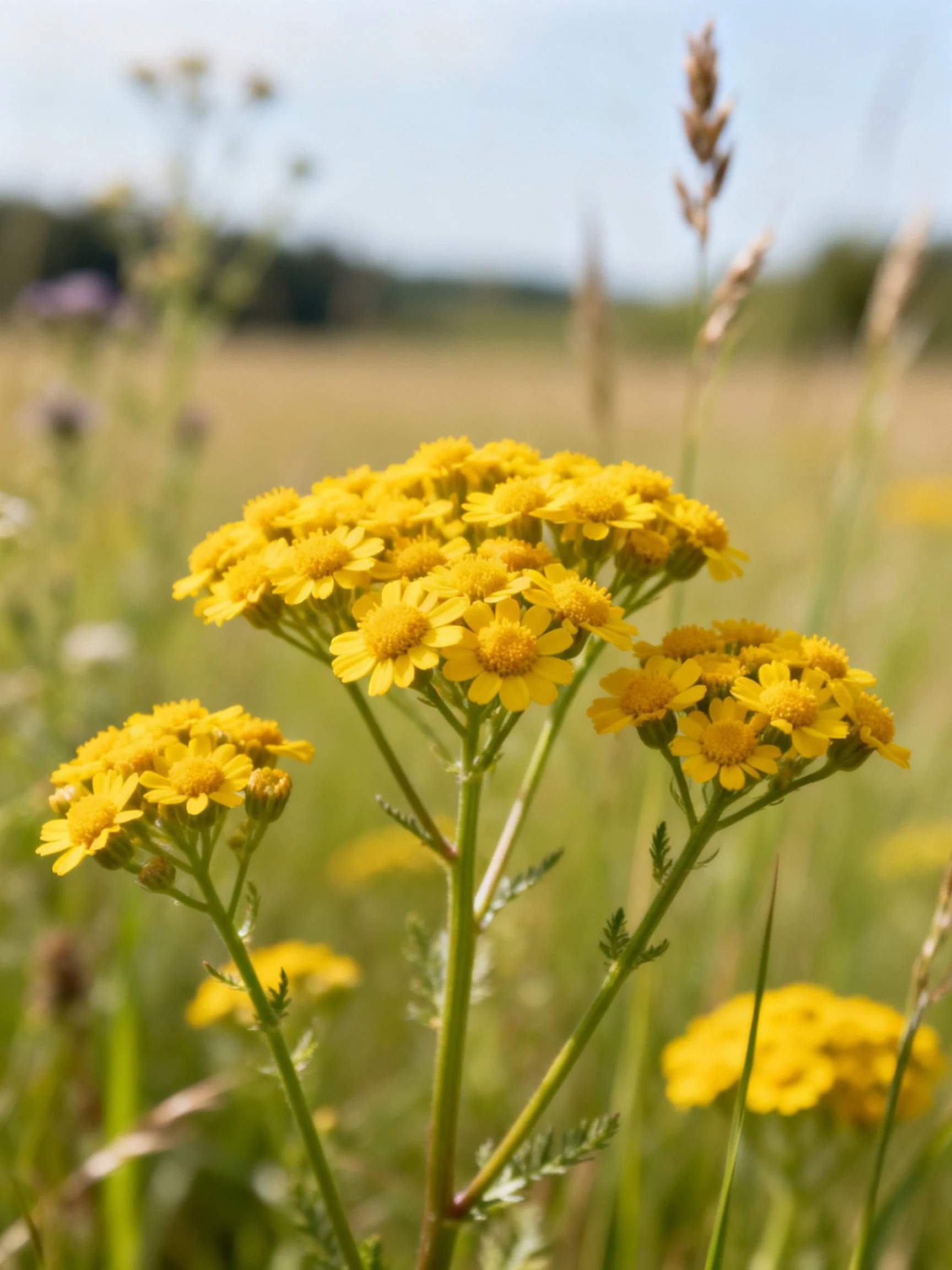 Bright yellow wildflowers clustered in a sunlit meadow