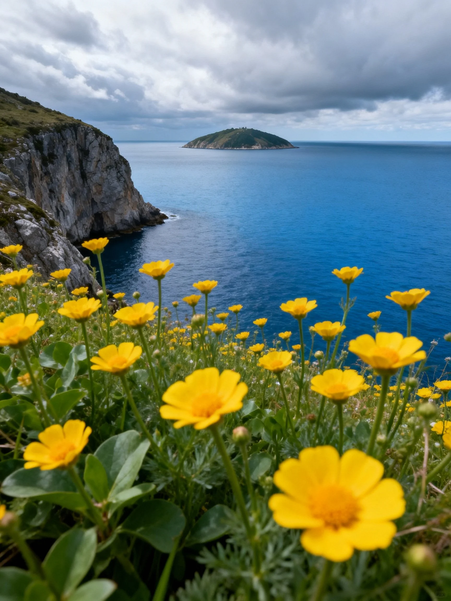 Bright yellow wildflowers near rocky cliffs overlook deep blue sea with distant island