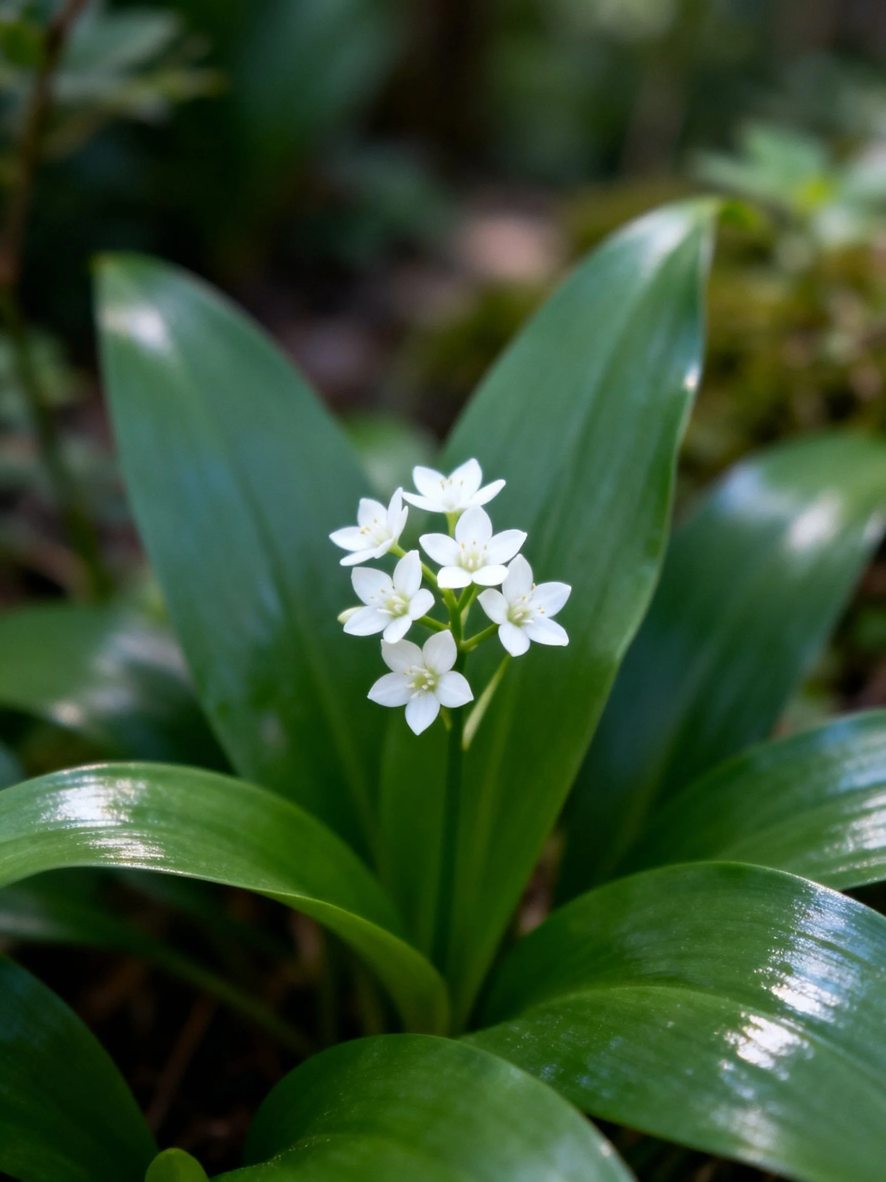 Broad glossy green leaves surround a cluster of small white flowers