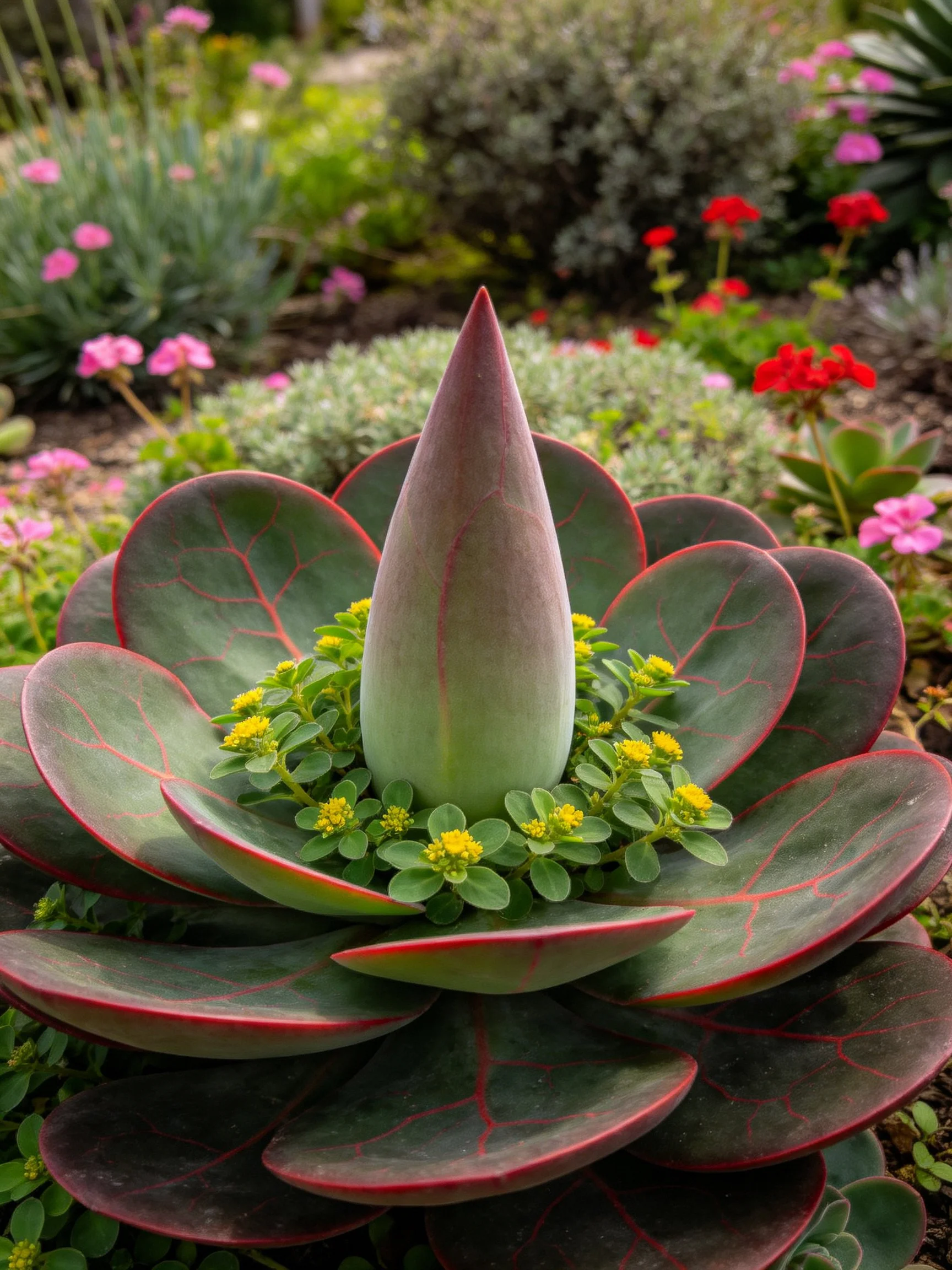 Broad green-red succulent leaves surround a central cone, with yellow flowers and garden backdrop.