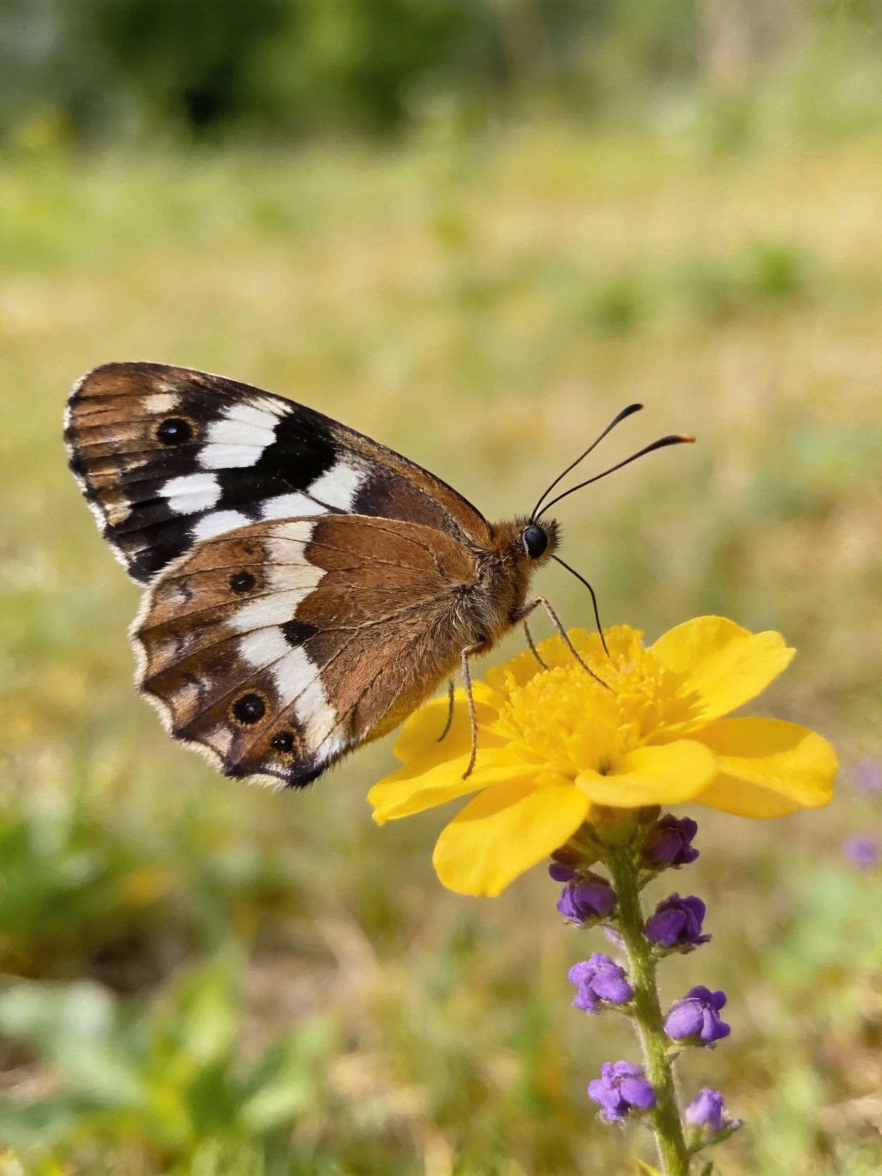 Brown and black butterfly perched on bright yellow flower with purple buds