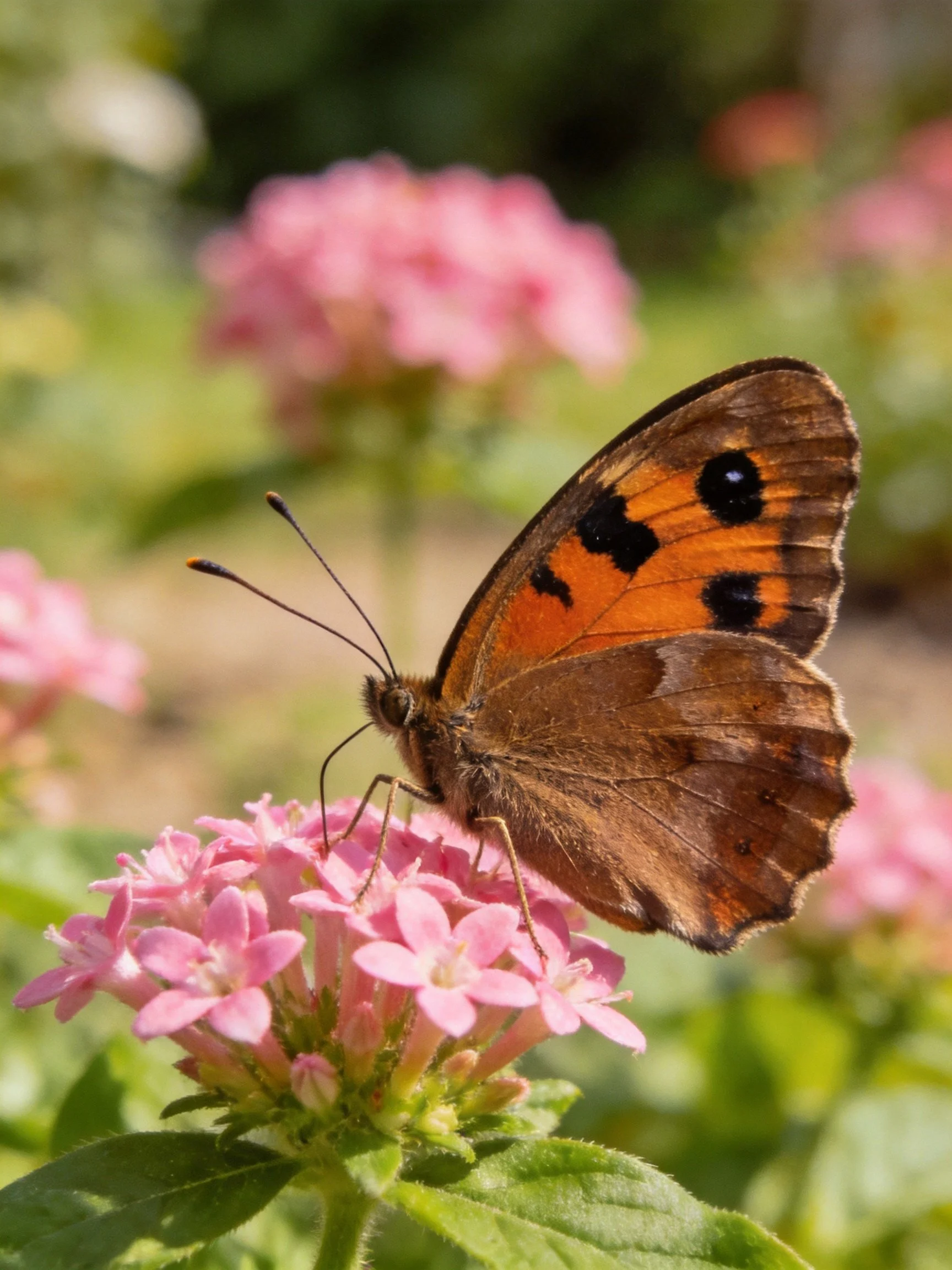 Brown and orange butterfly resting on vibrant pink blooms