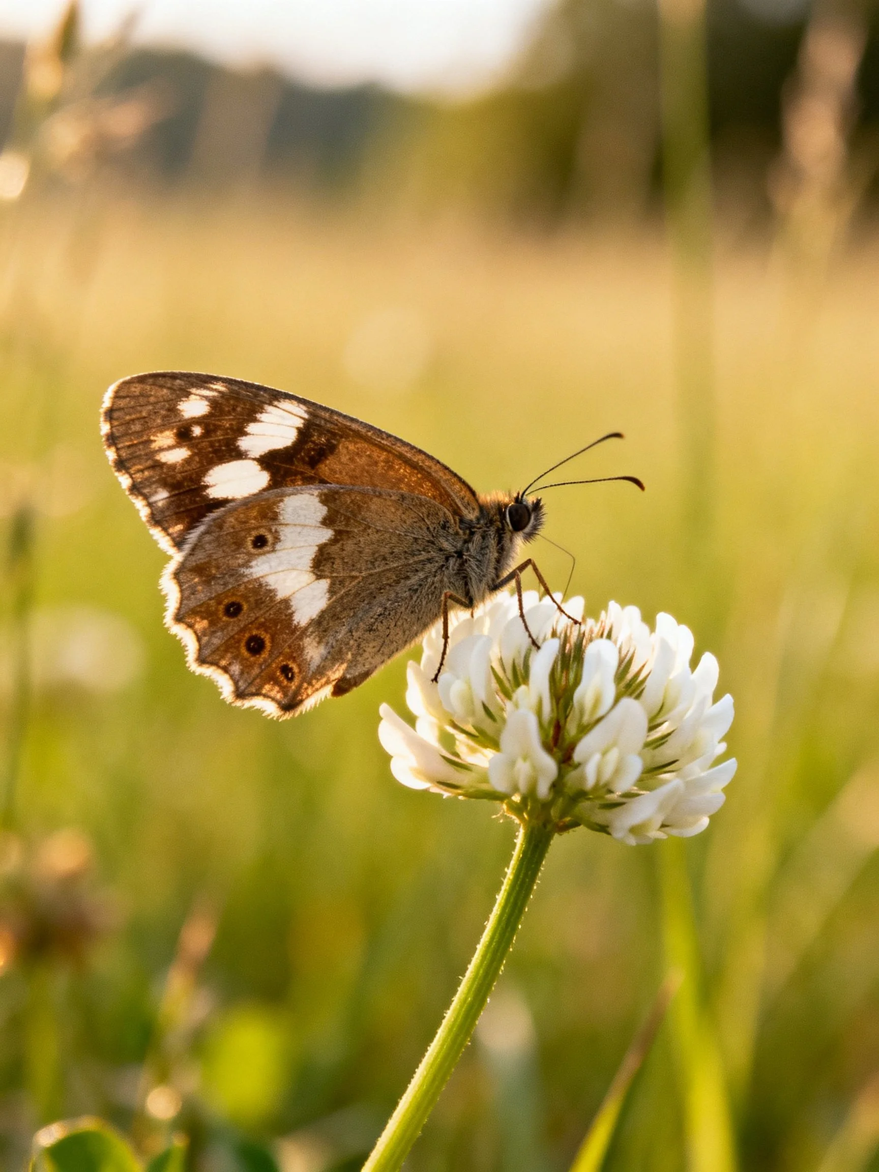 Brown butterfly on white flower in sunlit field