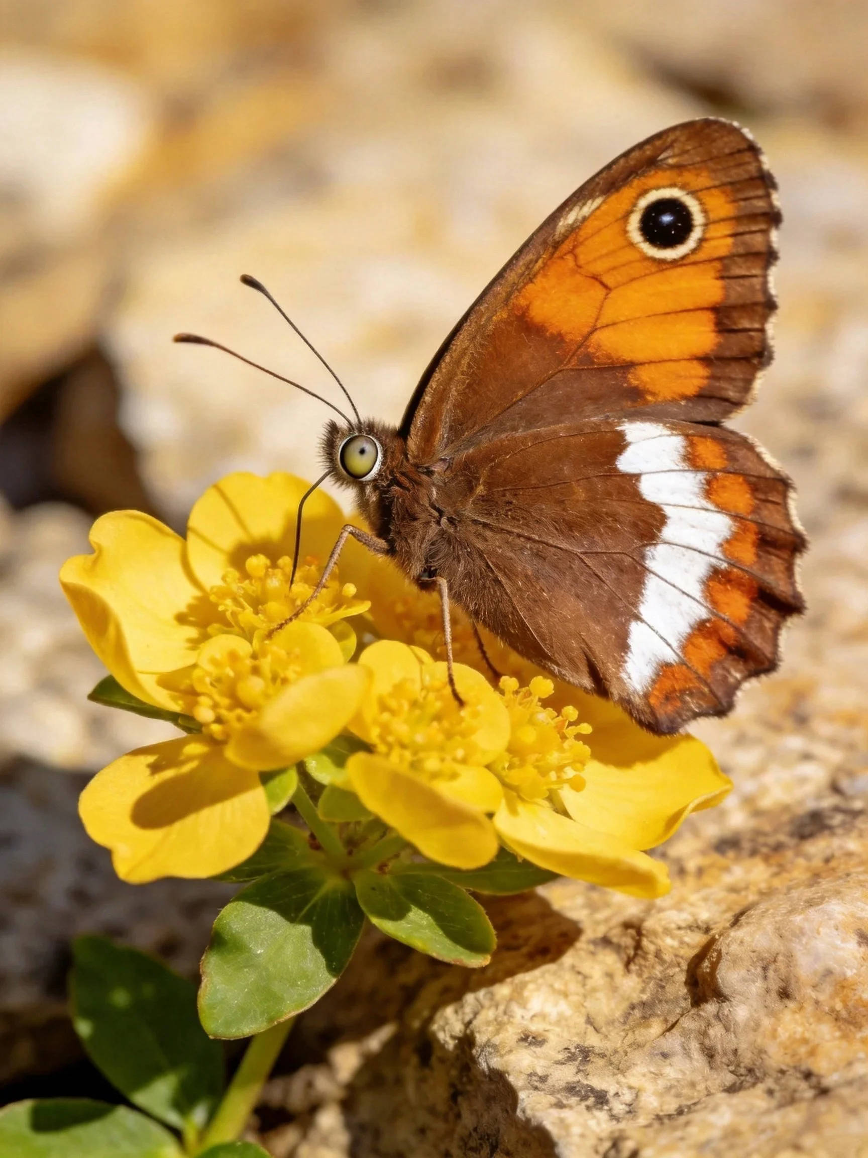 Brown butterfly with orange markings perched on vibrant yellow flowers
