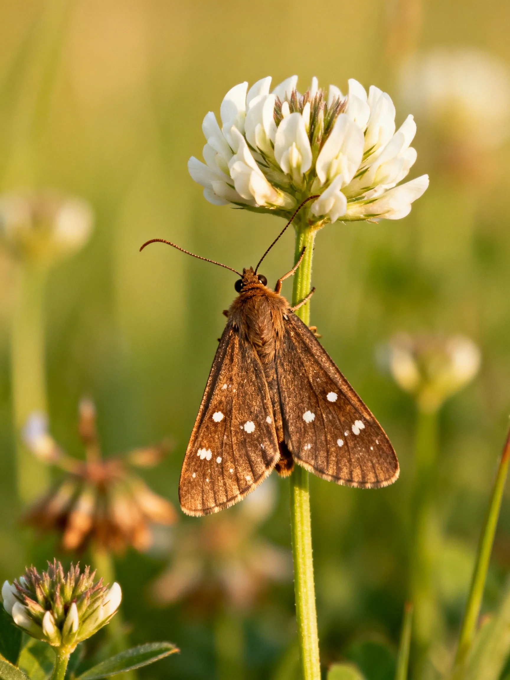 Brown butterfly with white-spotted wings perched on white clover blossom