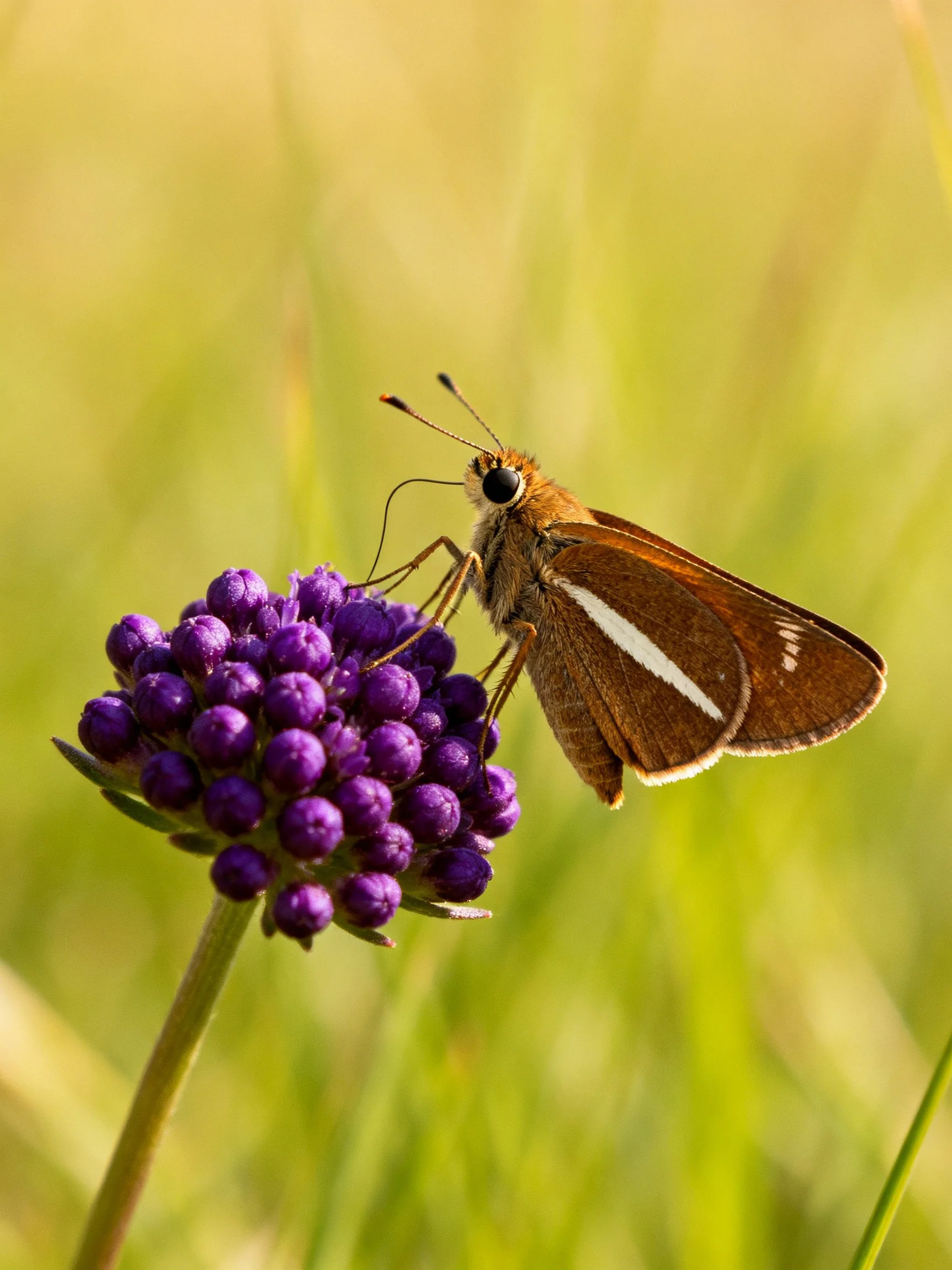 Brown butterfly with white stripe on purple flower cluster