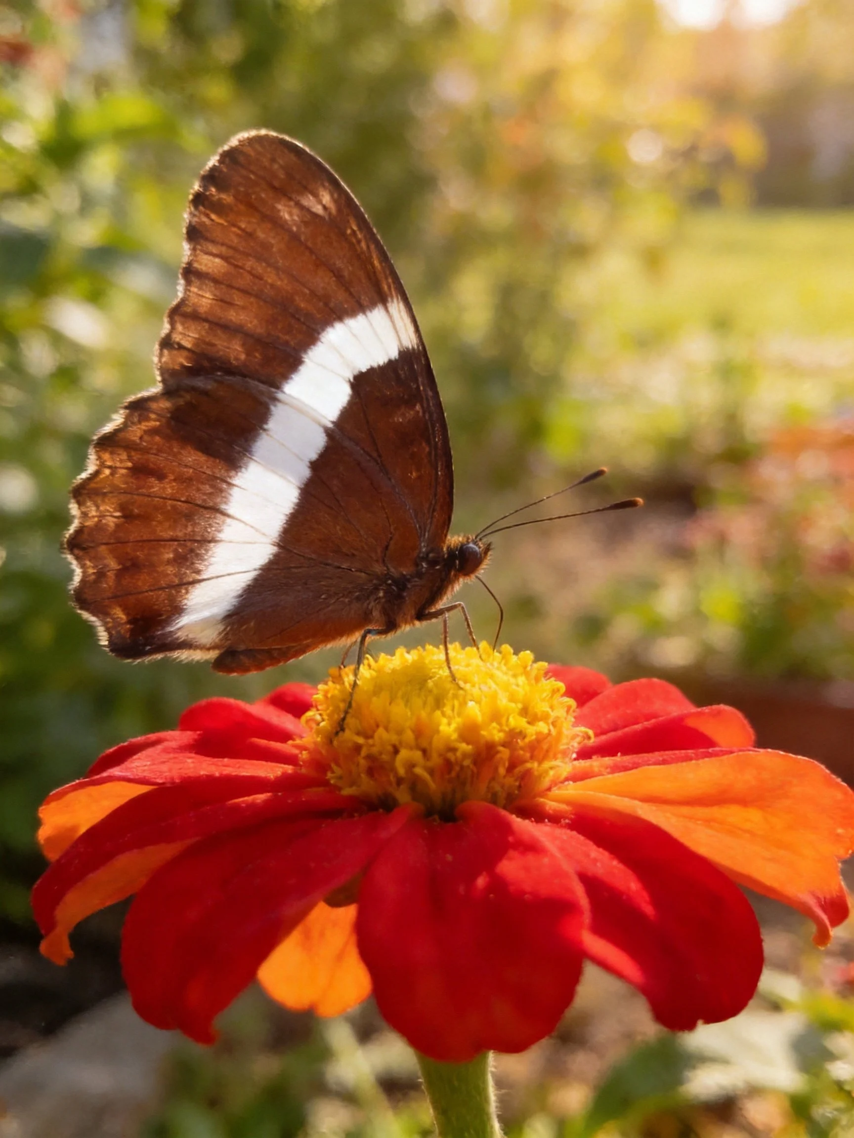 Brown butterfly with white stripe on vibrant red-orange flower