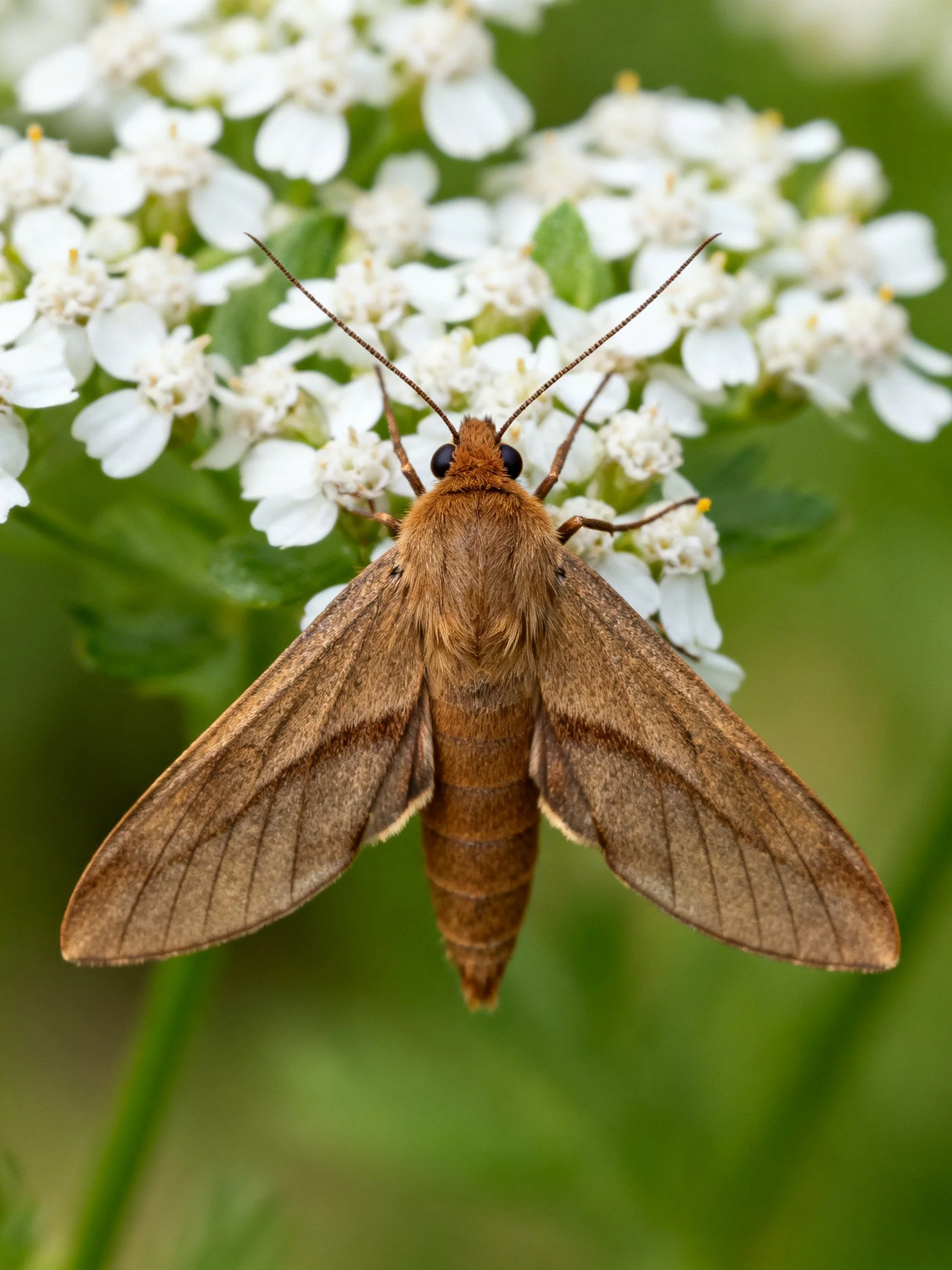 Brown moth perched on clustered white flowers with green foliage