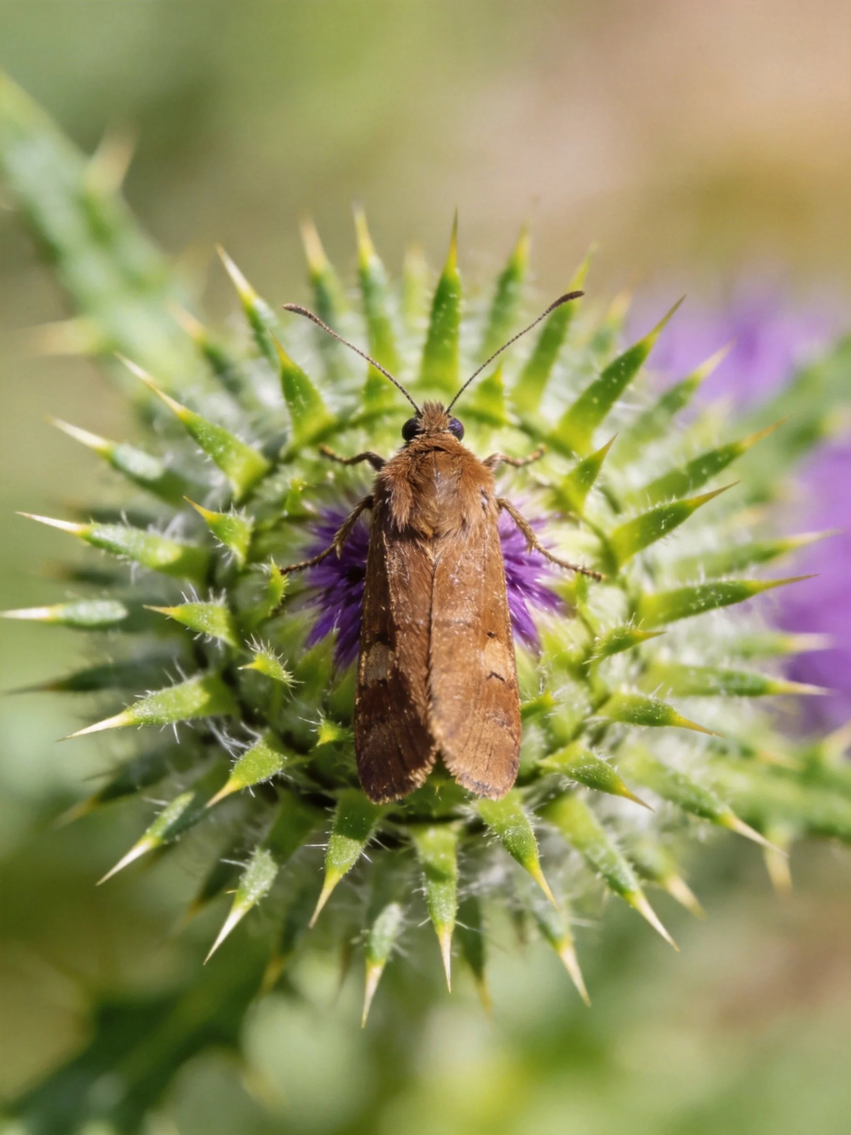 Brown moth perched on spiky green thistle with purple center
