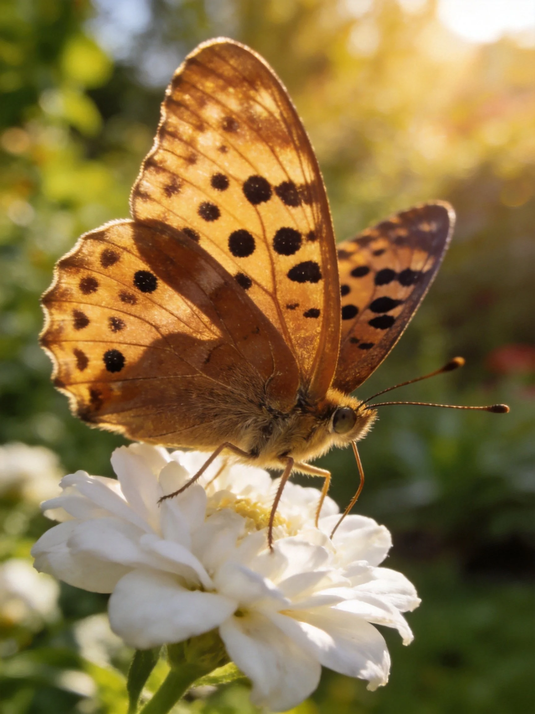 Brown-spotted butterfly perched on a white flower