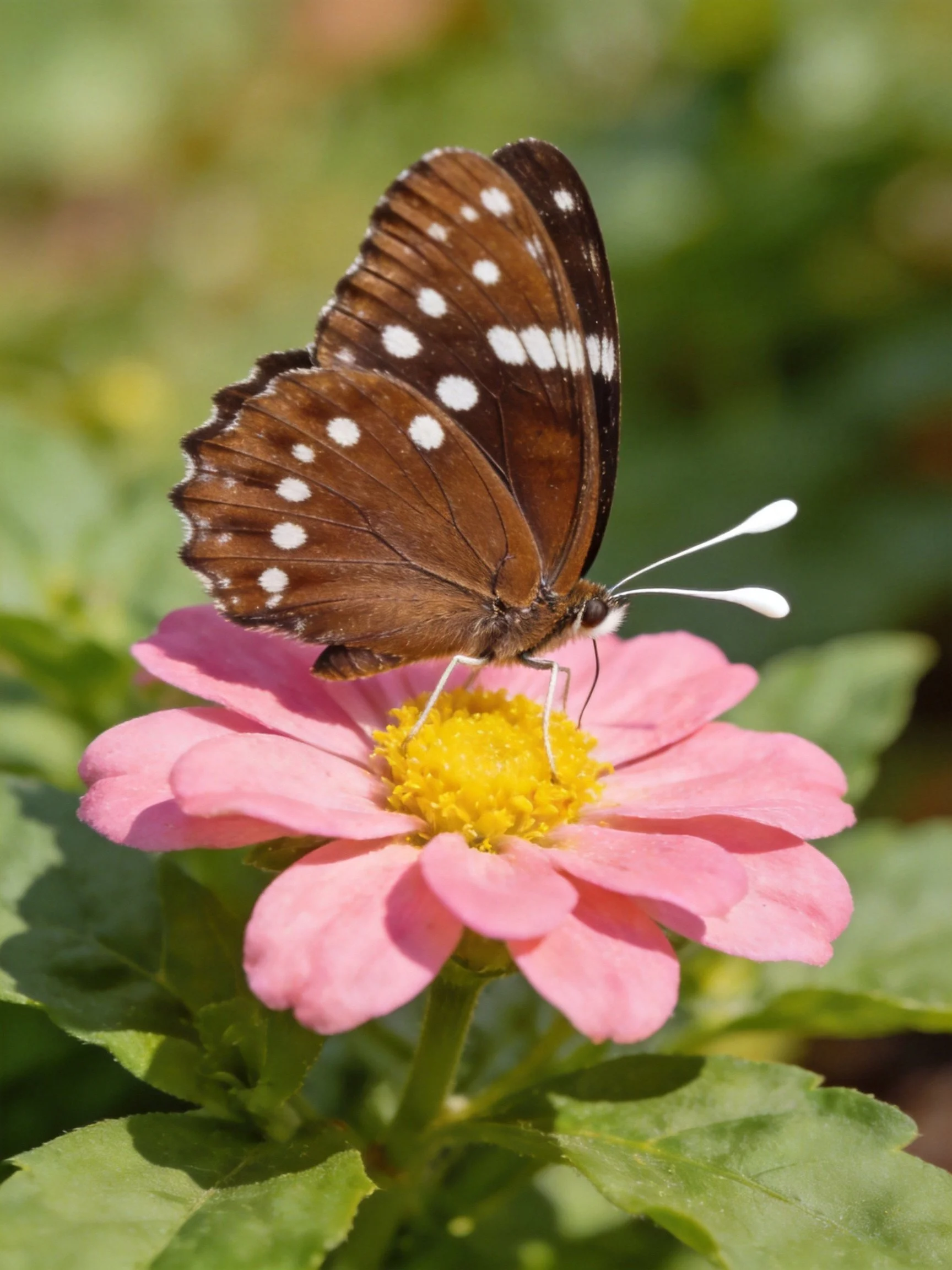 Brown-spotted butterfly perched on pink zinnia flower