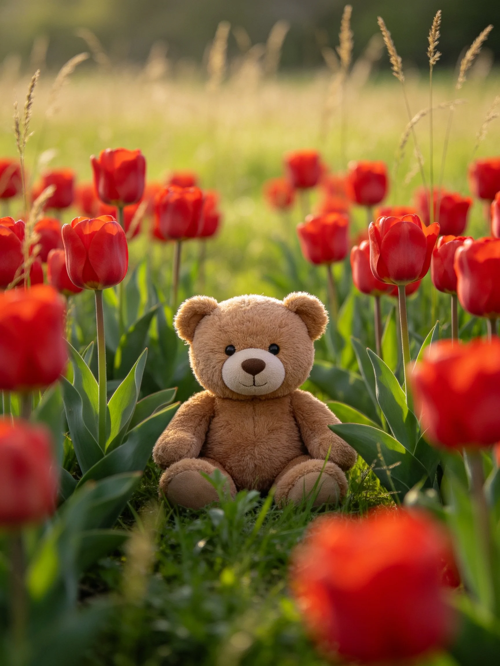 Brown teddy bear among vibrant red tulips in sunlit meadow