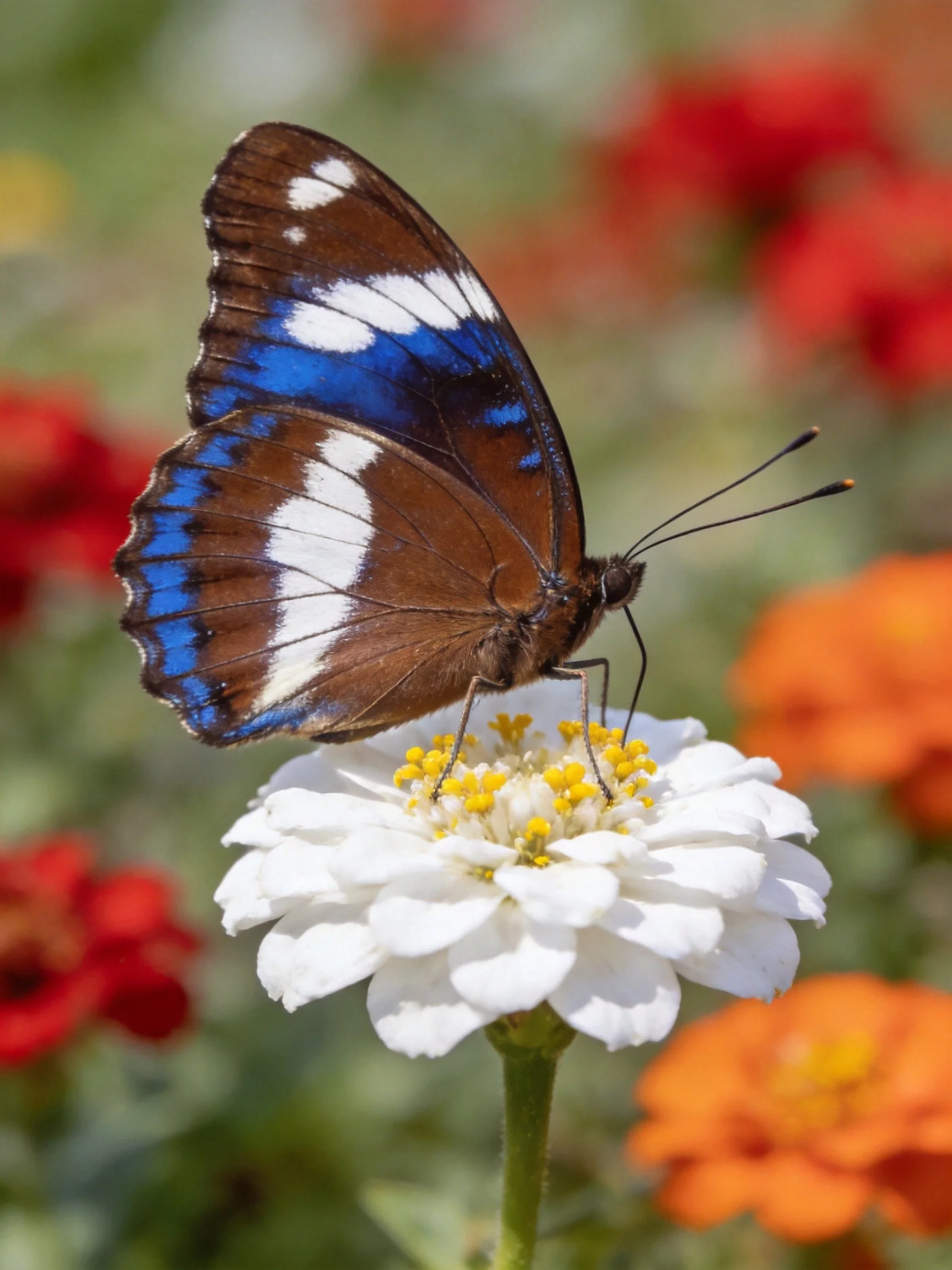 Brown, white, blue butterfly on white flower with yellow center