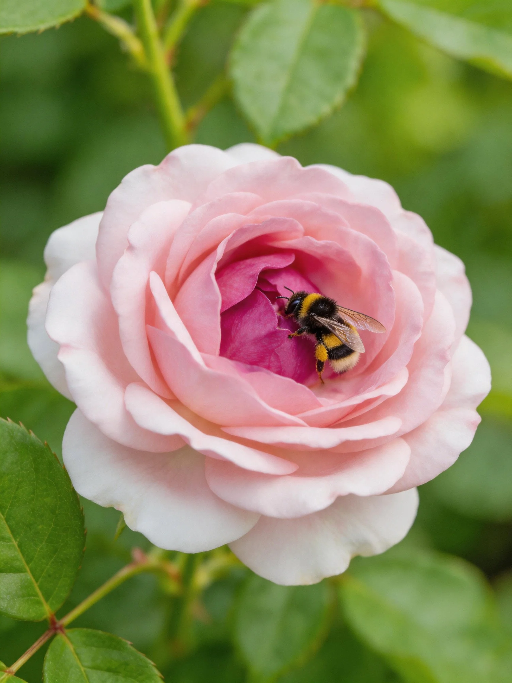 Bumblebee gathering nectar from a soft pink rose