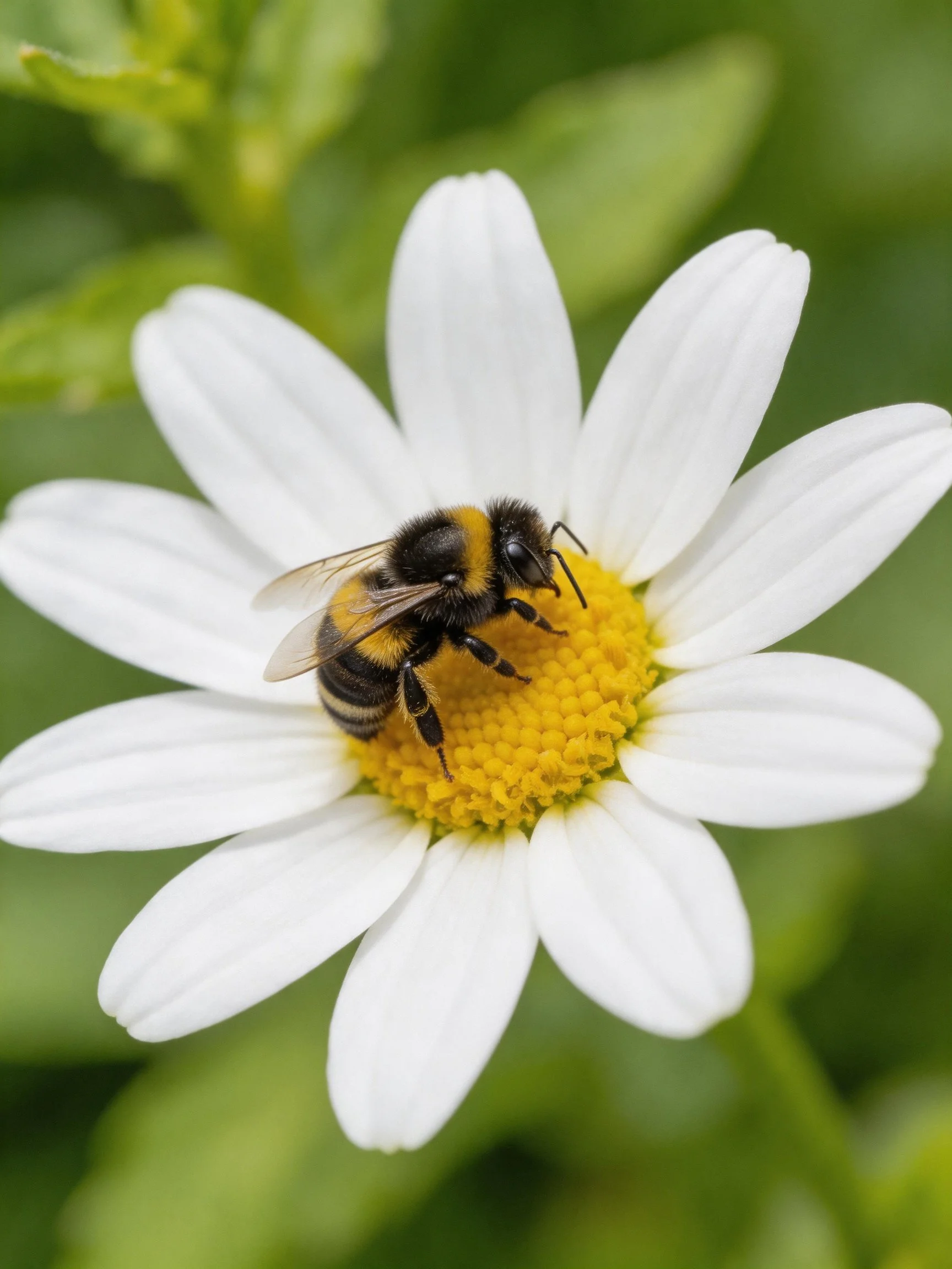 Bumblebee gathering pollen on a white daisy flower