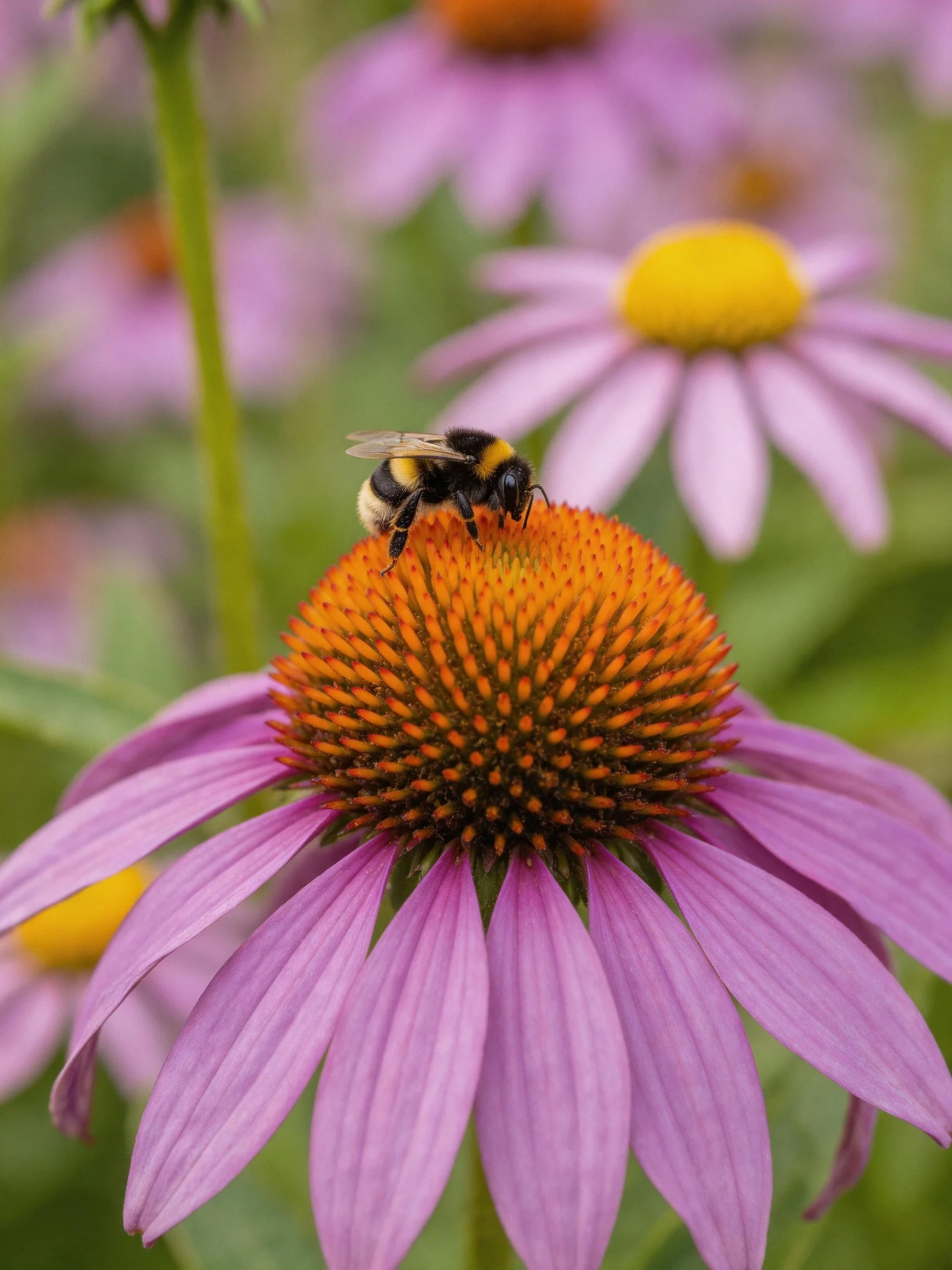Bumblebee resting on vibrant purple coneflower