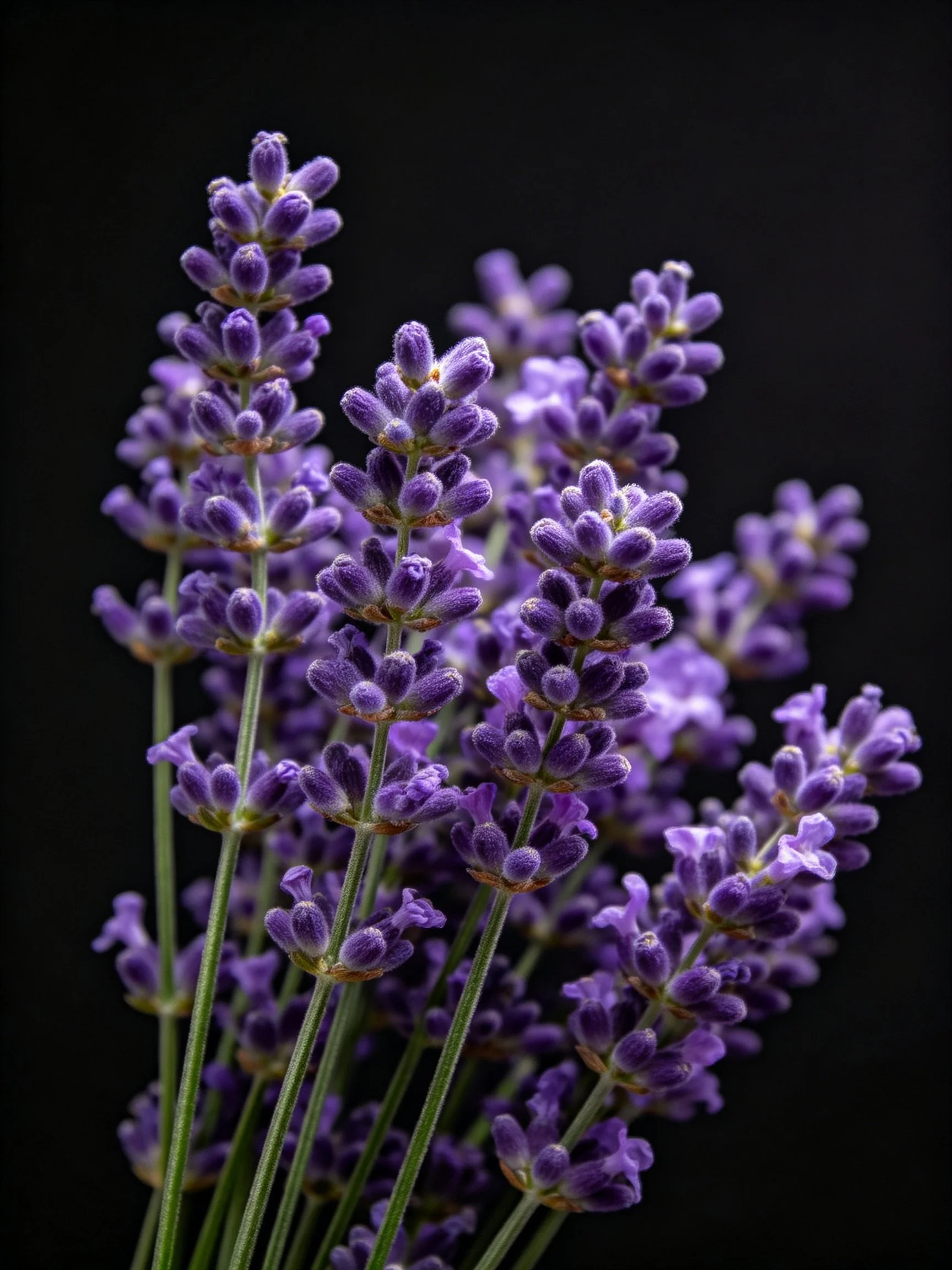 Bunch of vibrant purple lavender flowers against a solid black backdrop