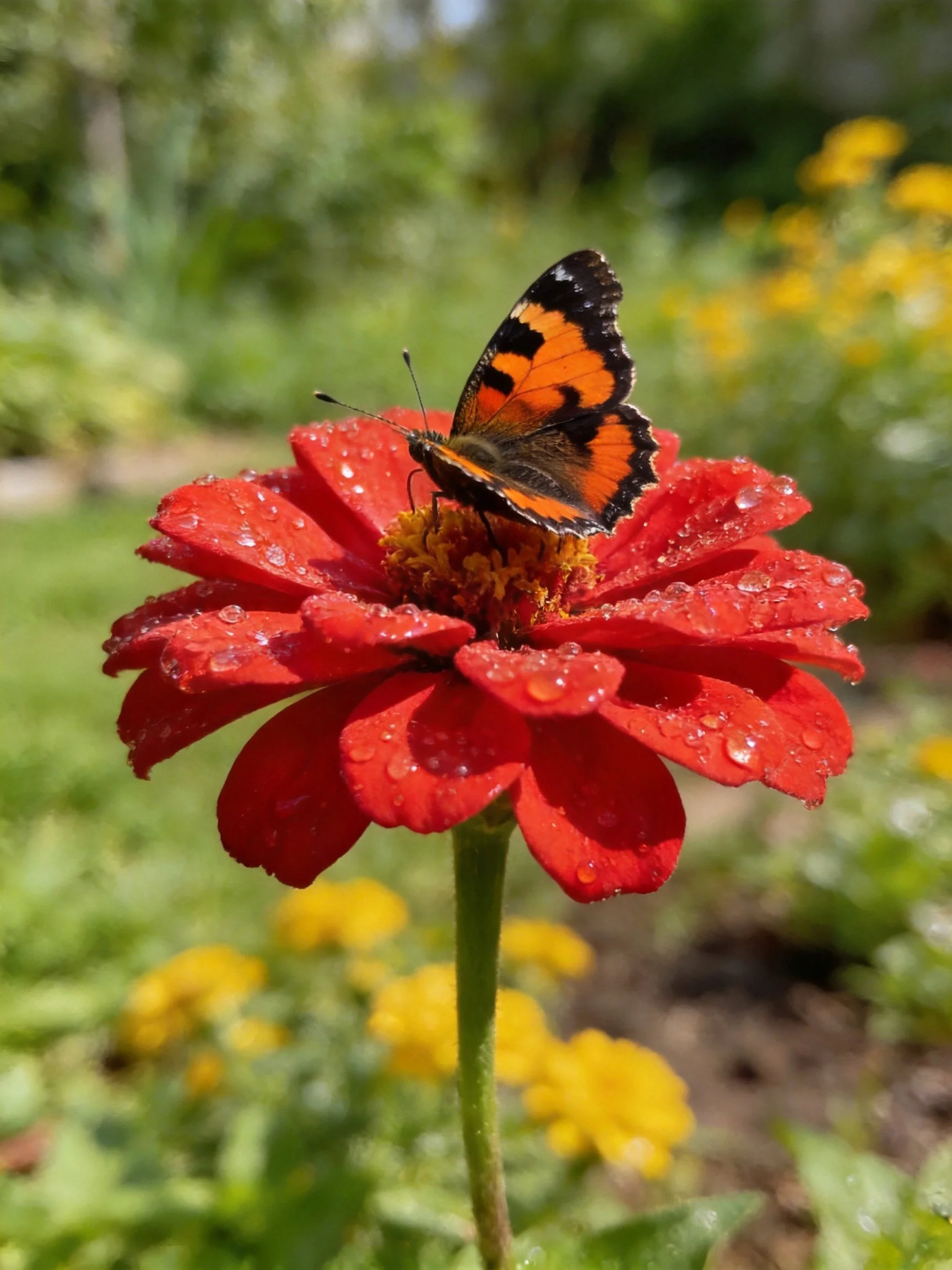 Butterfly perched on dewy red flower in lush garden