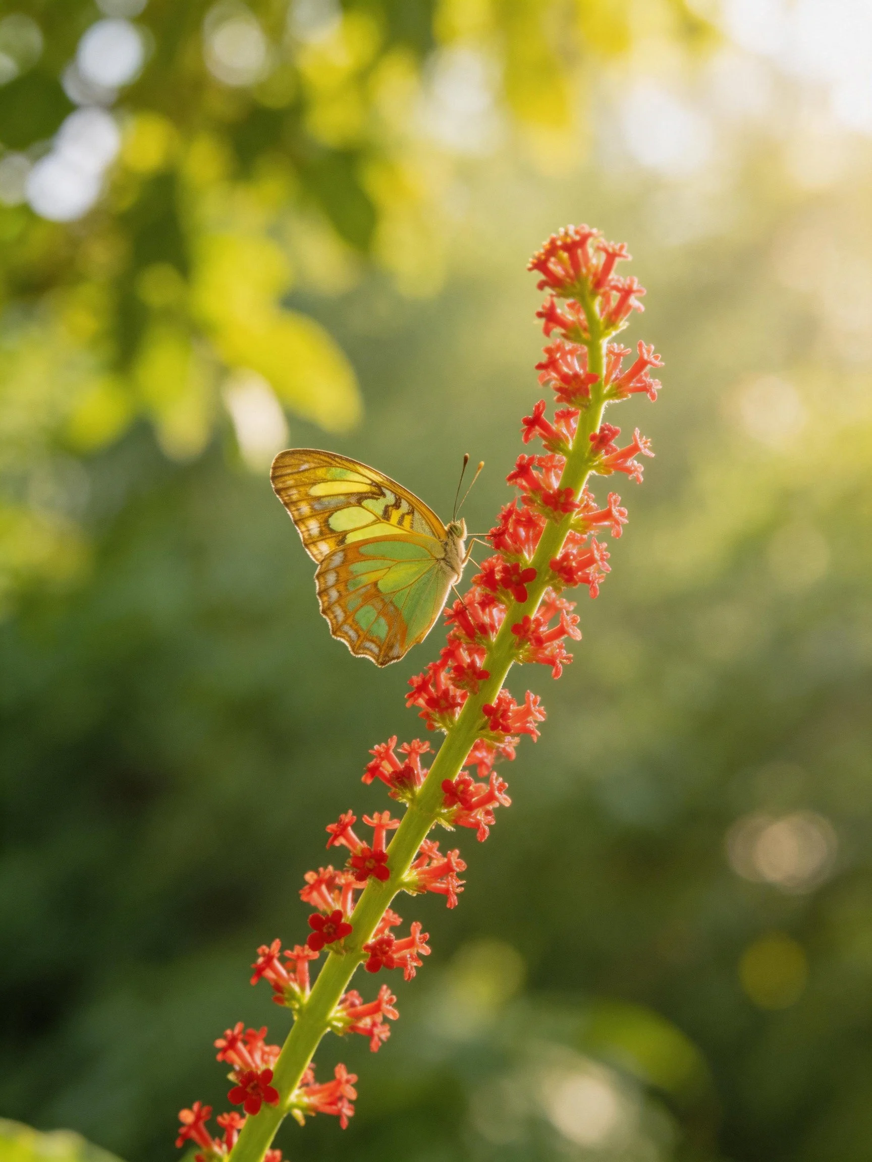 Butterfly perches on bright red flower stem with green foliage backdrop