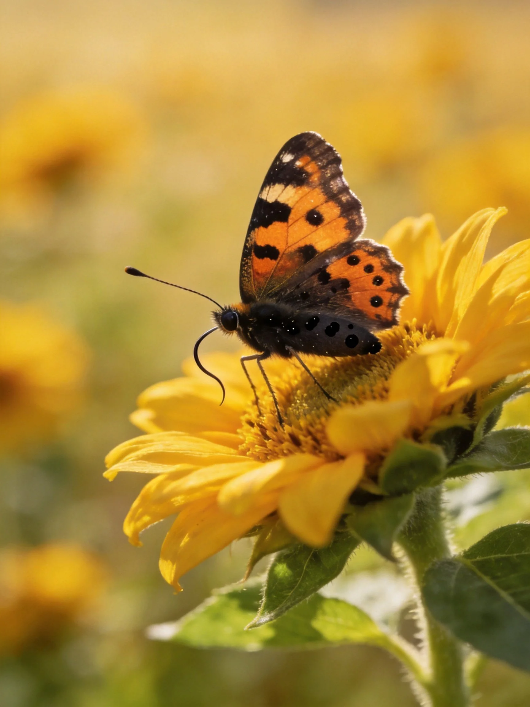 Butterfly rests on bright yellow flower in sunlit field