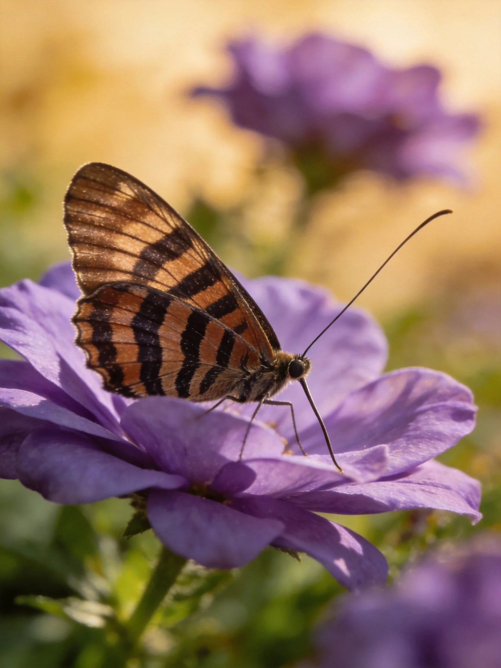 Butterfly with brown and black striped wings on a purple flower