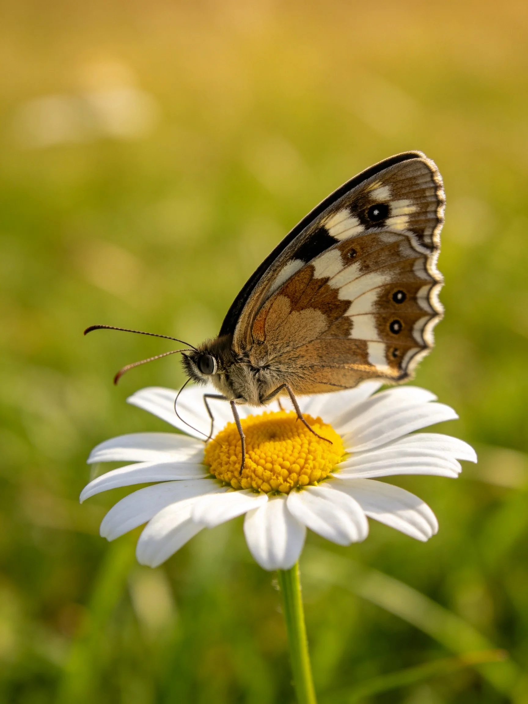Butterfly with brown and white wings on white daisy with yellow center