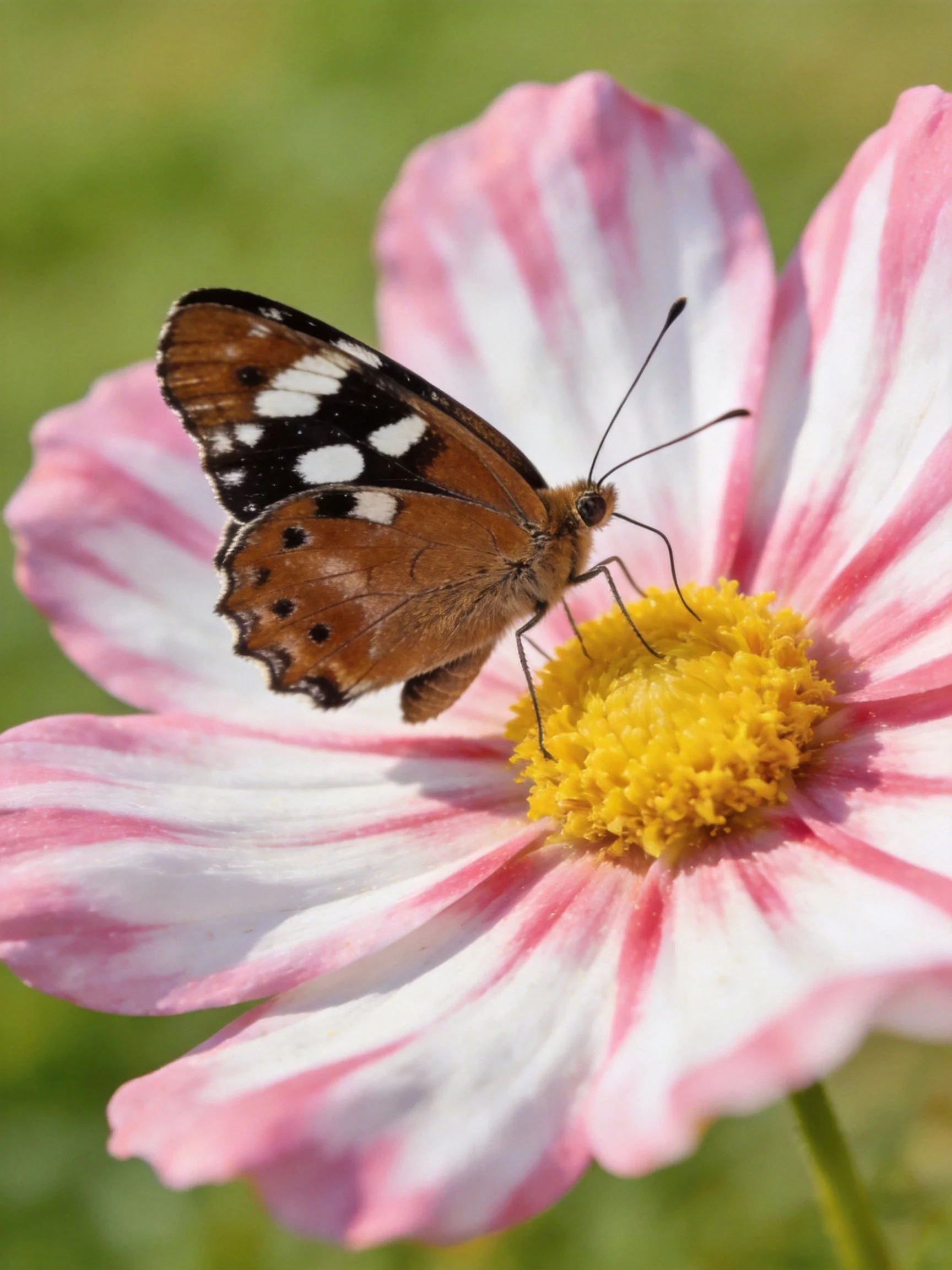 Butterfly with brown wings on pink and white flower