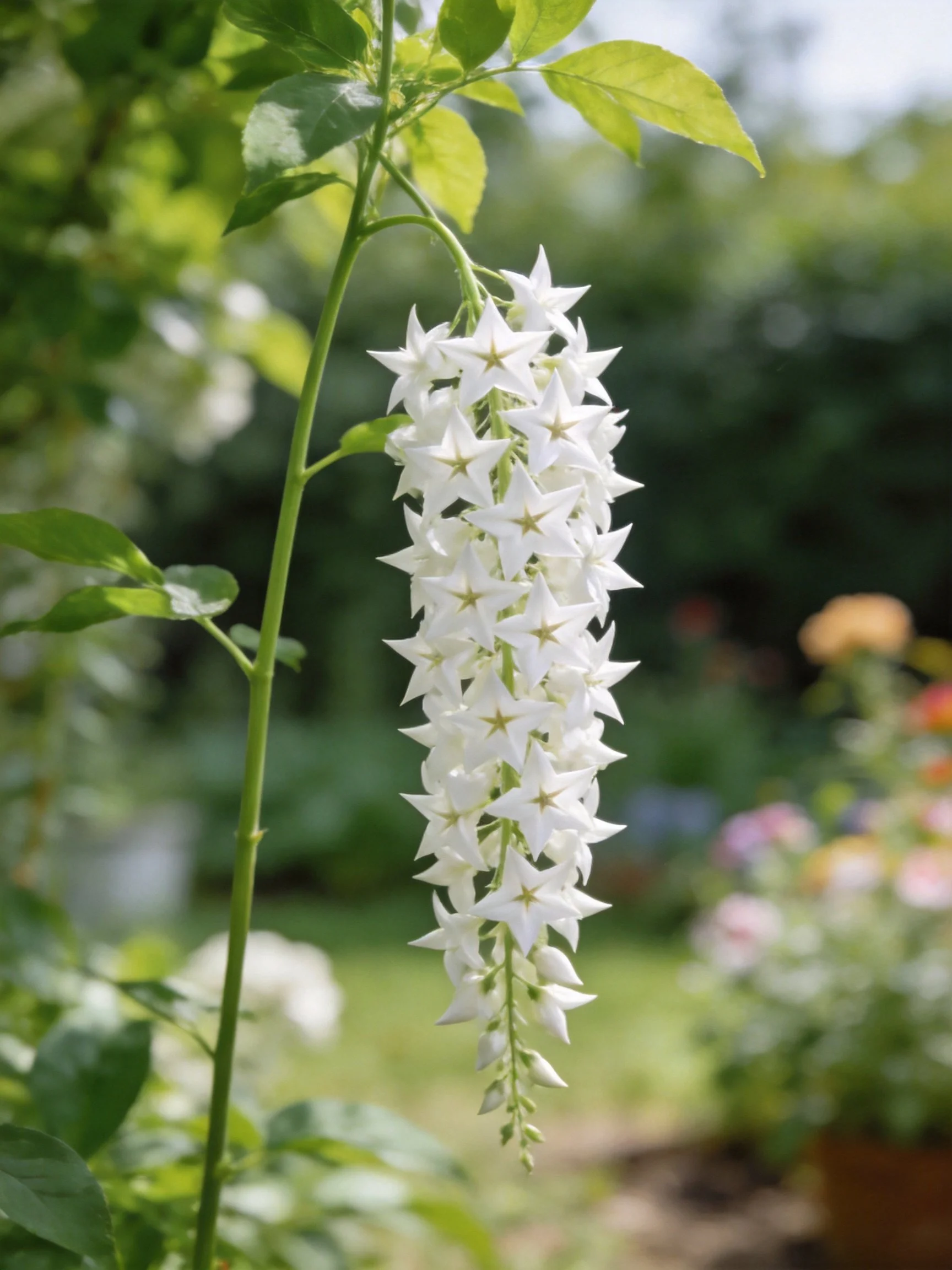Cascading white star flowers on slender stem in lush garden