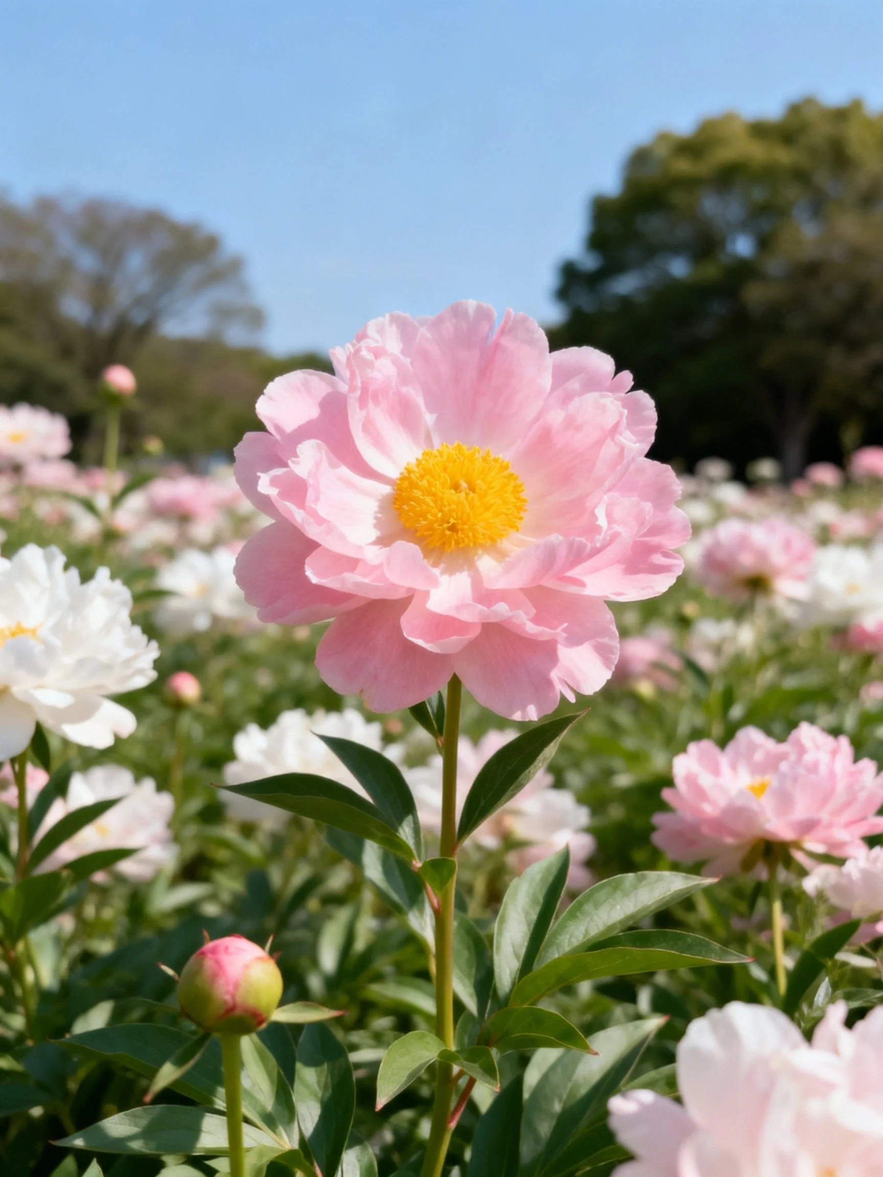 Central Pink Peony with Yellow Center Among White Flowers and Green Foliage