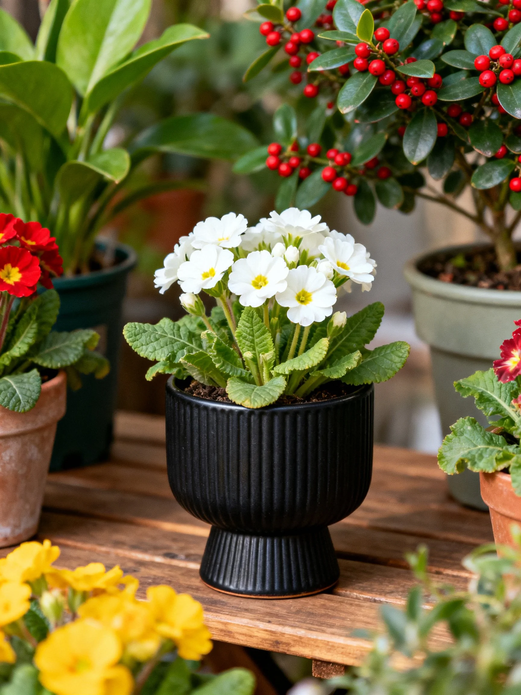 Central black pot with white primroses among colorful potted plants