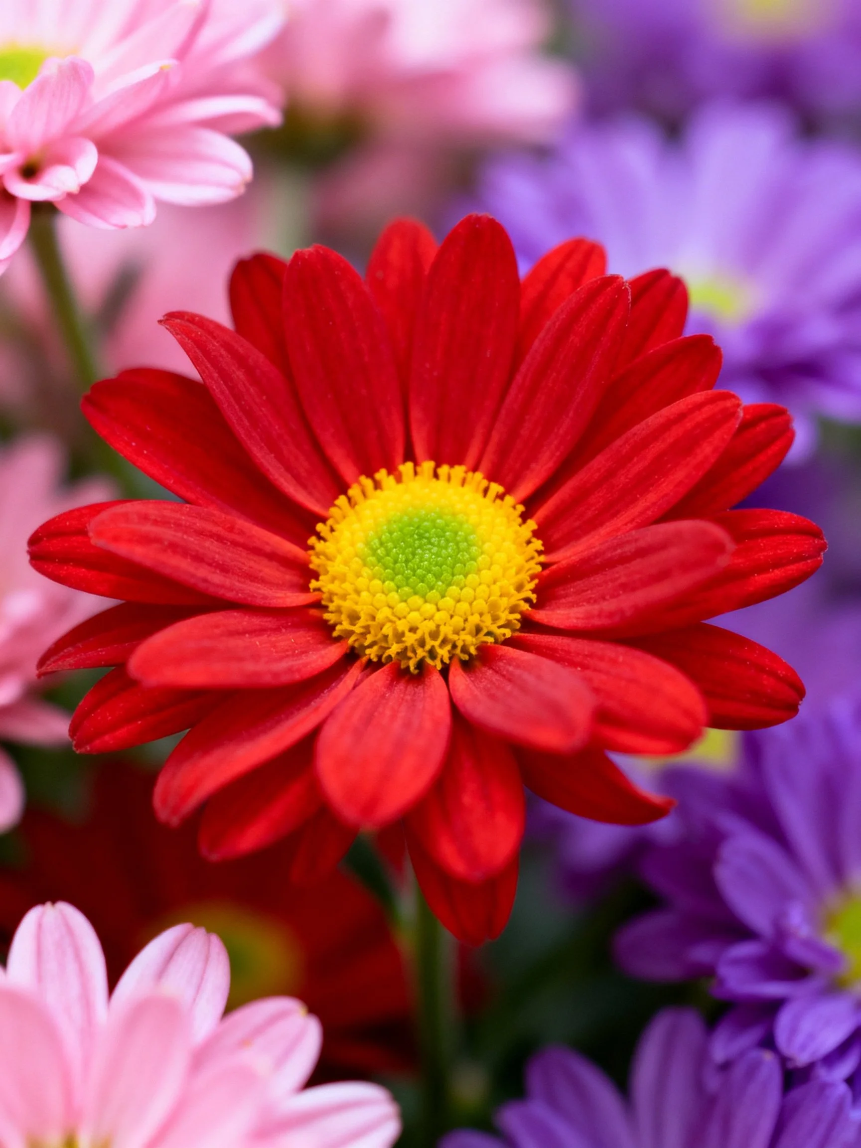 Central bold red daisy with yellow-green center amidst pink and purple blooms