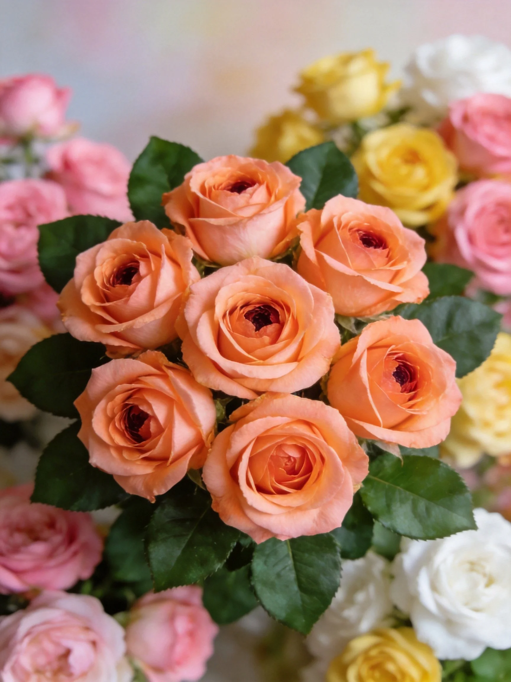 Central cluster of peach roses, surrounded by pink, yellow, and white roses.