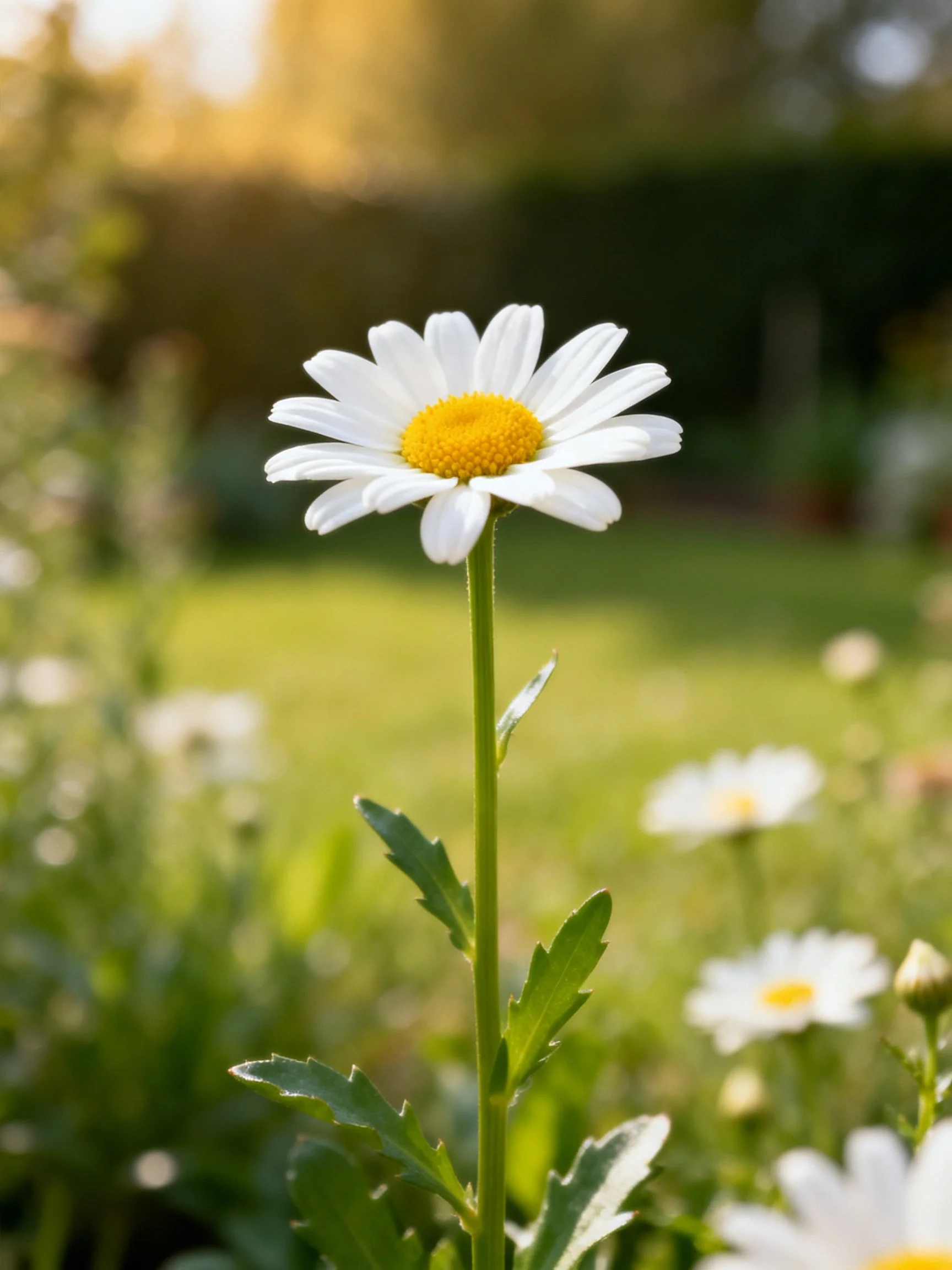 Central daisy with white petals and yellow center amid greenery