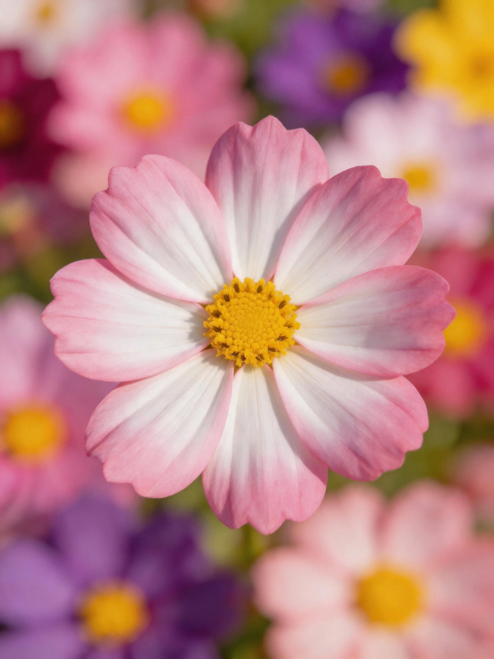Central pink-and-white flower with colorful blurred companions
