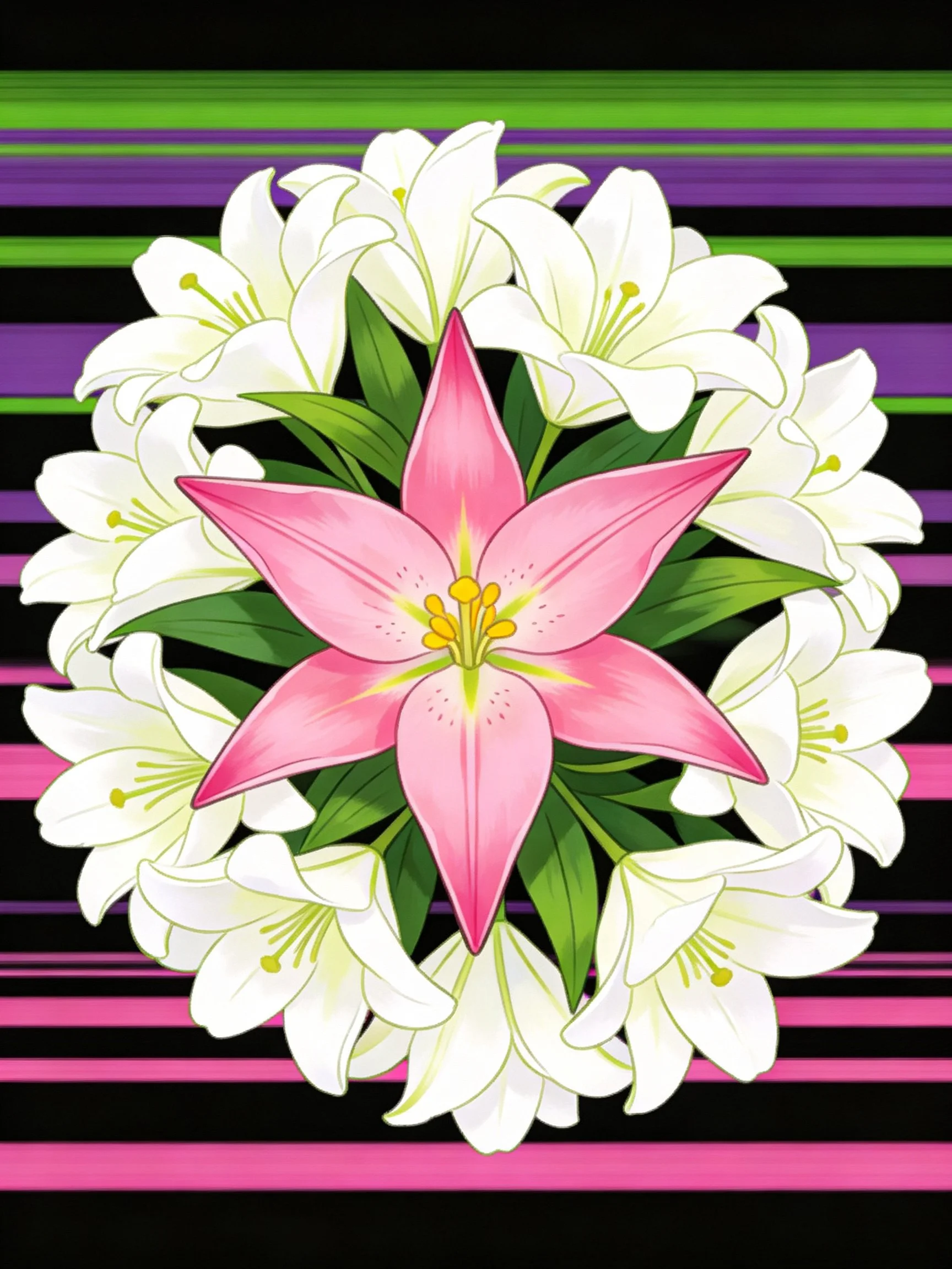 Central pink starflower surrounded by white lilies with colorful horizontal stripes